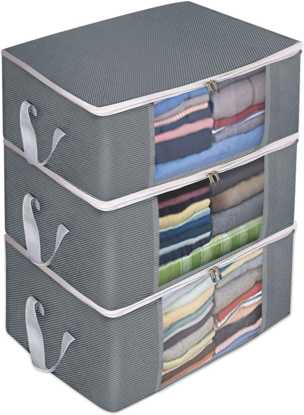 Clothing Storage Bag Organizer, 3 Pack Under Bed Storage Bags, Foldable Storage Bags with Large Clear Window for Comforters, Blankets, Bedding, Clothes, Moving, Made of Comfortable and No-Smell Fabric