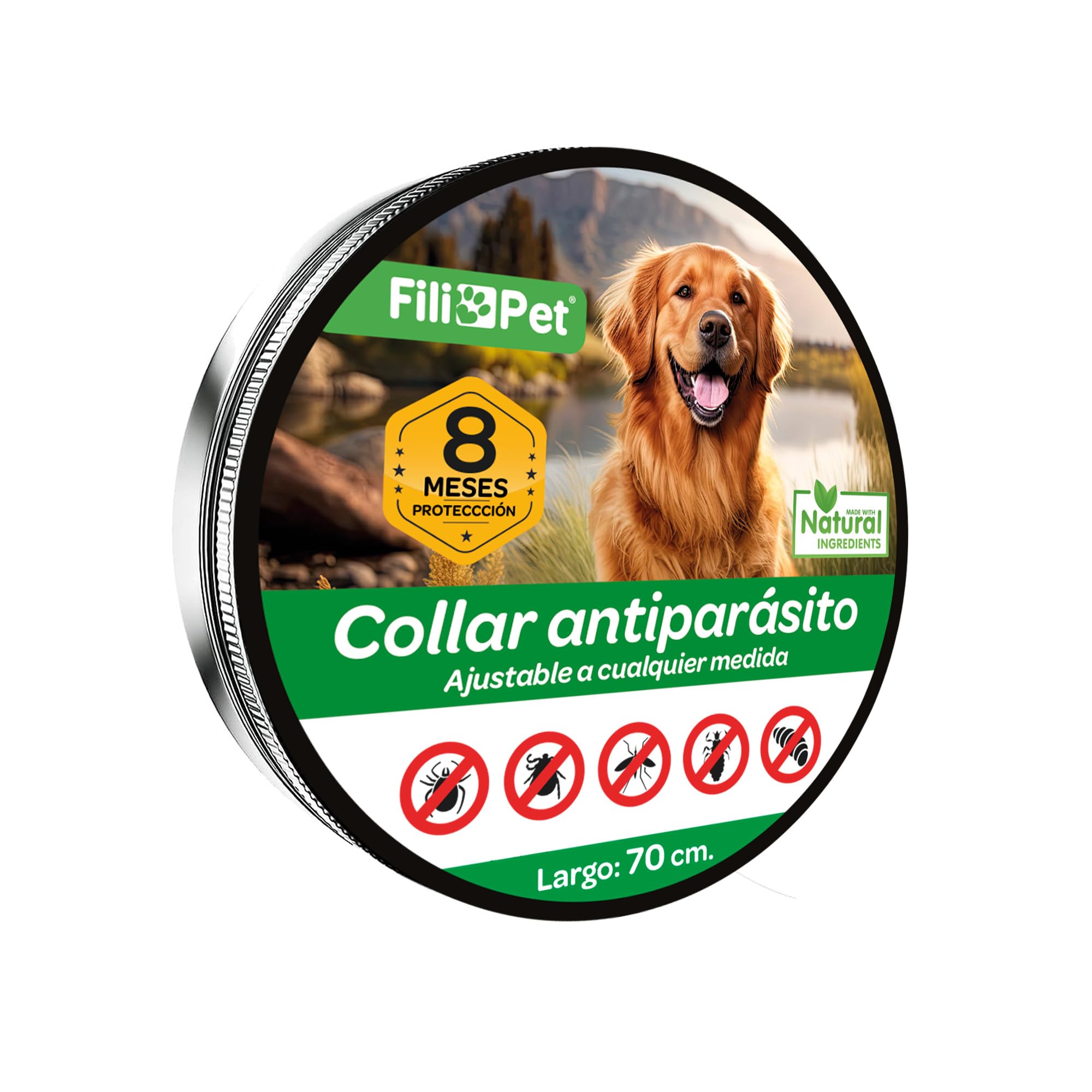 Collar Antiparasitos para Perro 8 Meses de Protección. Eficaz contra Pulgas, Garrapatas, Mosquitos y Piojos. Resistente al Agua. 70 cm. de Largo, Ajustable. Filipet. (Gris)