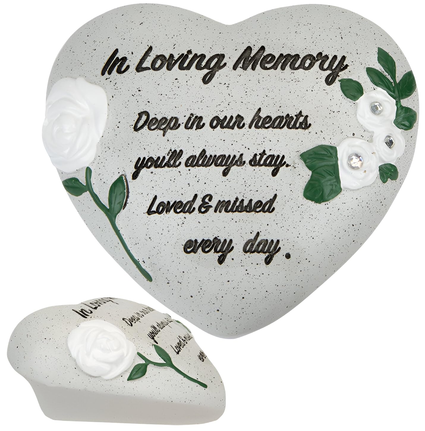 In Loving Memory Memorial Heart Ornament with Diamantes & White Roses – Graveside Grave Decoration, Cemetery Ornament for Mum Dad Nan Grandad – Funeral Remembrance Tribute Stone Effect Keepsake