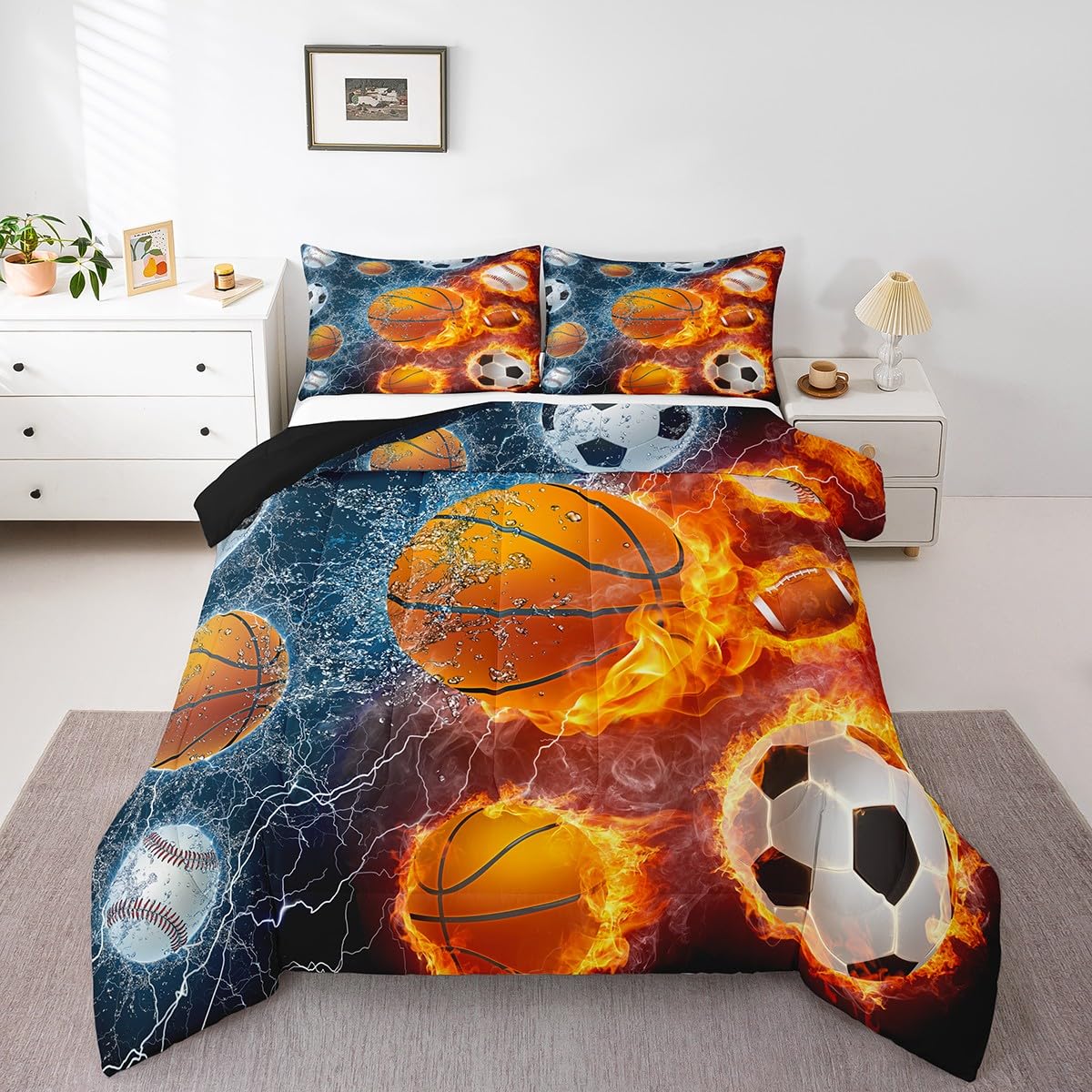 Erosebridal Sports Bedding Set for Boys Queen,Baseball Basketball Comforter Set Soccer Football Bedding Comforter Sets for Kids Teens Men,Red Blue Ice Fire Lightning Decor Quilt Duvet Set 3 Pcs