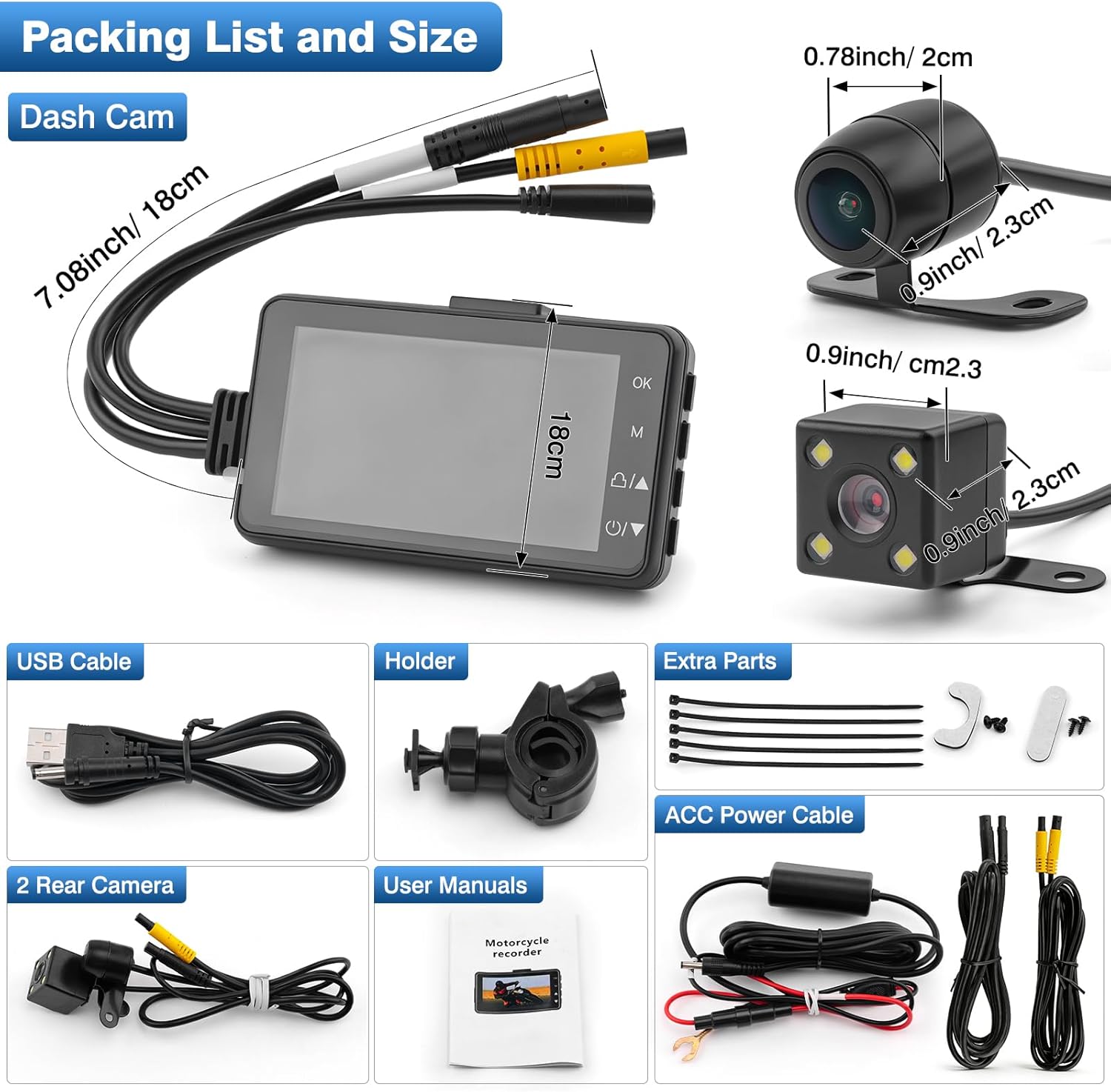 Motorcycle Dash Cam with Dual 1080P Waterproof Night Vision Cameras and 3'' Screen - Driving Recorder with 140° Wide-Angle Lens