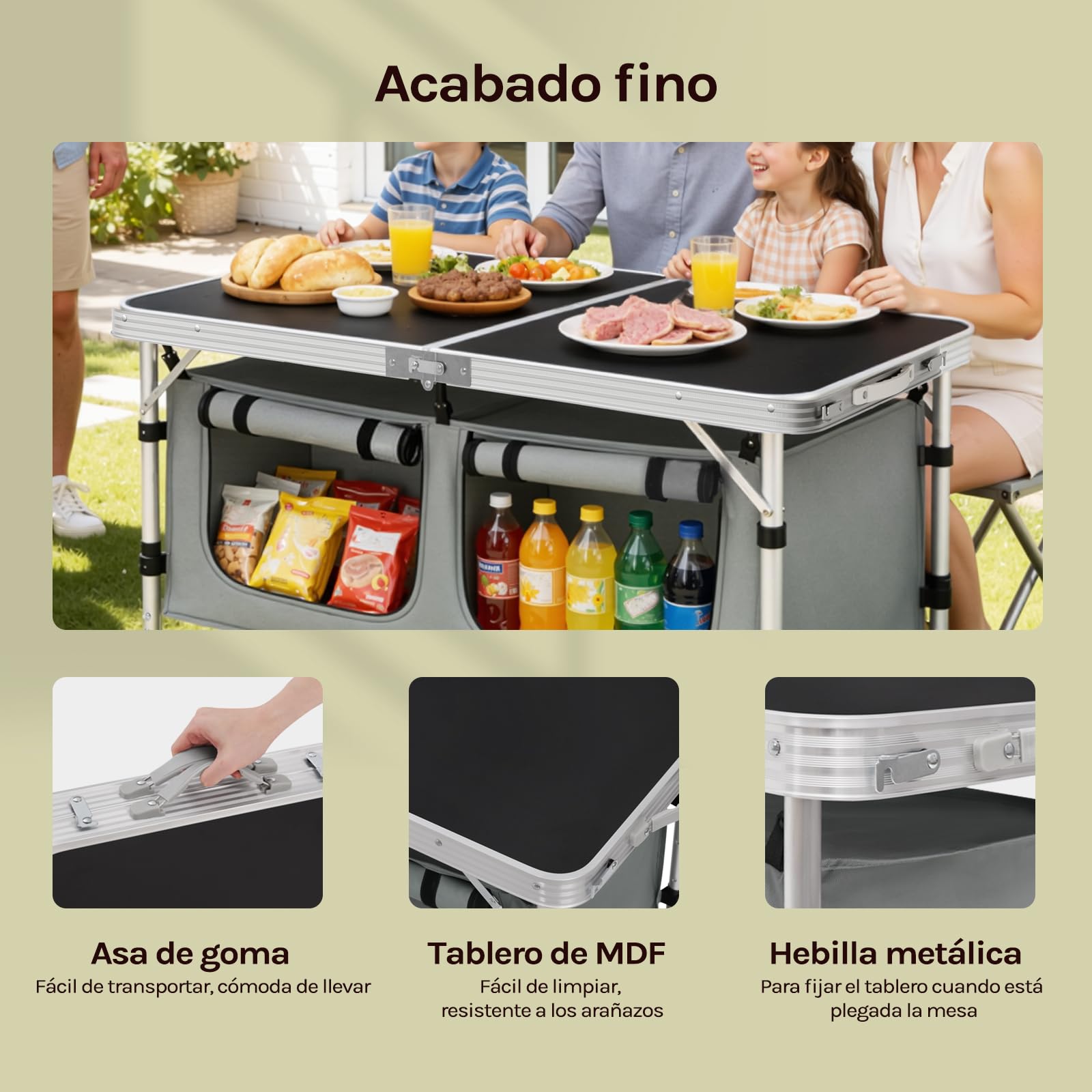 WOLTU Mesa de Camping Cocina de Acampada Málaga Mesita Plegable de Aluminio, Mesas de Picnic Altura Ajustable 120x47x62/69.5 cm, Negro+Gris