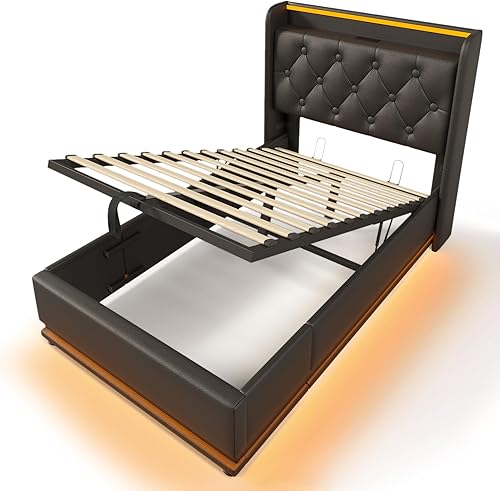 Miniatura 157 de Base de cama LED tapizada tamaño Queen, plataforma flotante de terciopelo con cabecero, MDF moderna y cama de madera contrachapada (beige-081)
