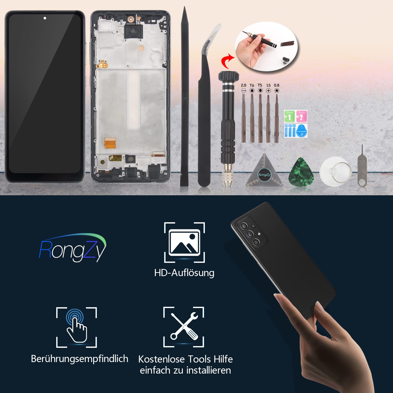 RongZy Kompatibel mit Samsung Galaxy A52 5G A526B A526W A526U Ersatz Bildschirm LCD Display und Touchscreen-Digitizer mit Werkzeugen (Schwarz mit Rahmen)