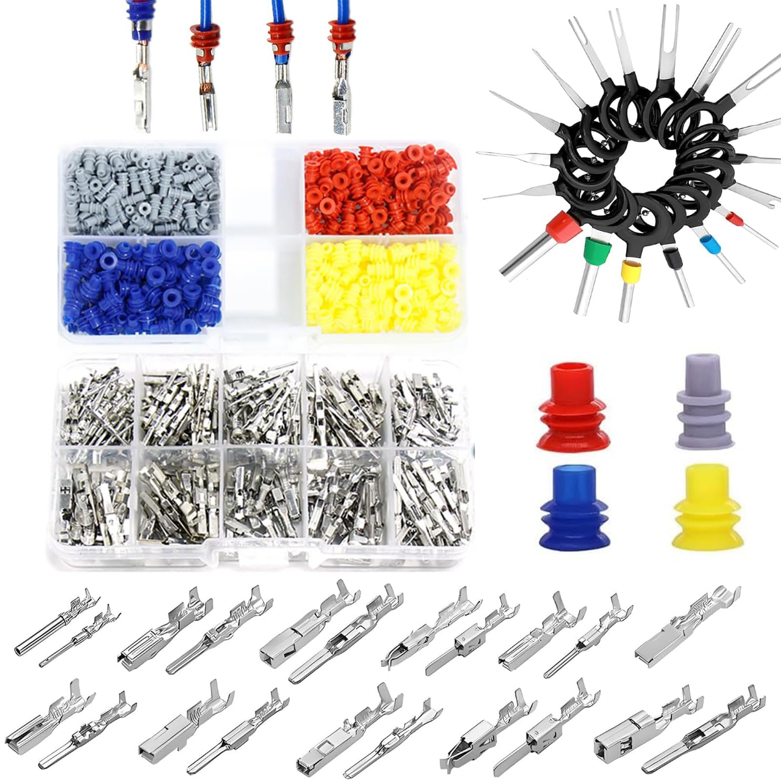 708 Pezzi Set di Capicorda a Crimpare Connettori per Auto, Pin del Connettore 1/1,5/1,8/2,2/2,3/2,5/2,8/3,5 mm Maschio e Femmina, Spina Impermeabile e Strumento di Rimozione, Per Auto Moto Barche