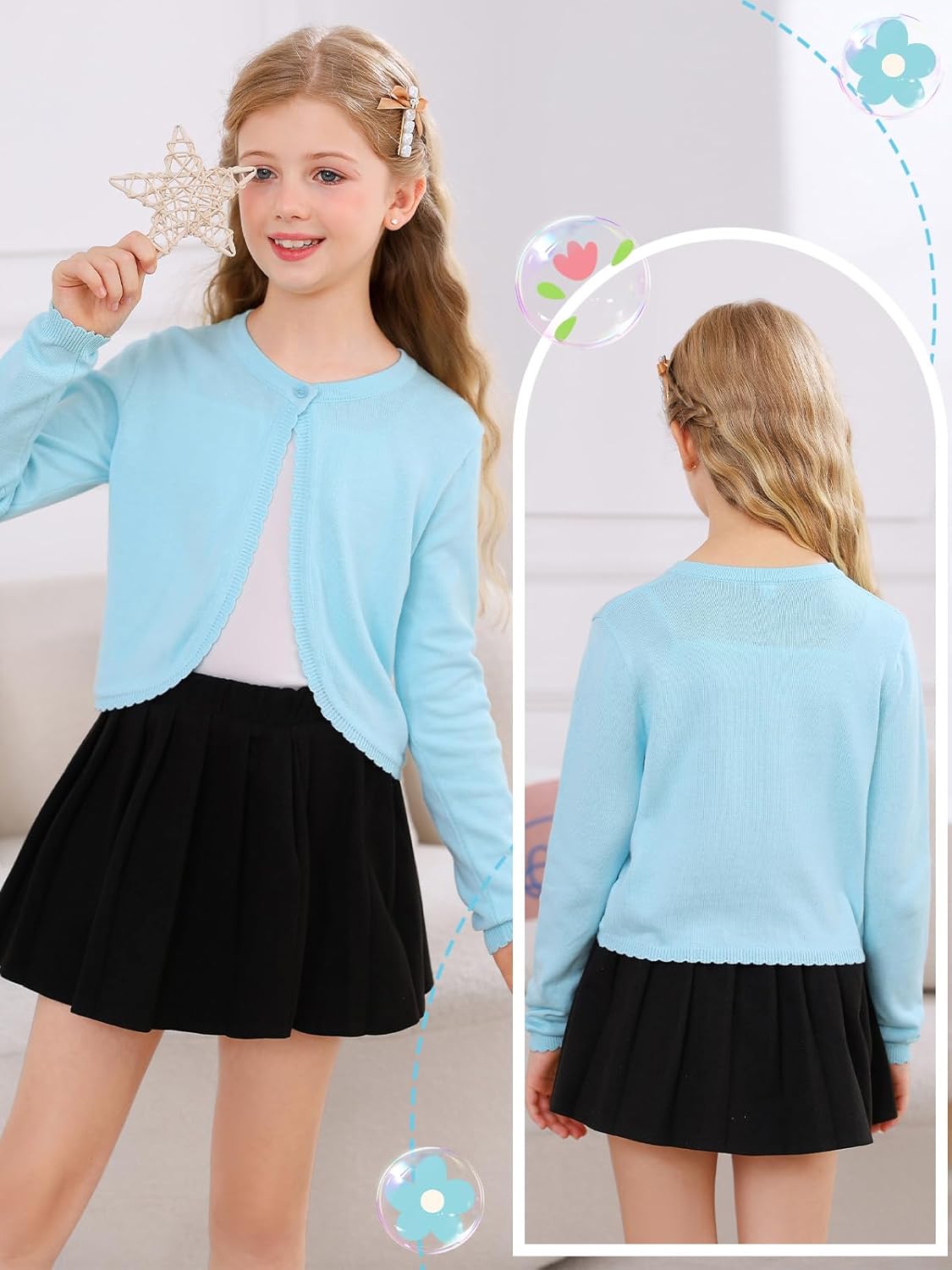 Soudittur Girls Cardigan Sweaters Cotton Long Sleeve Toddler Shrug Button Closure Knitted Dress Cover Up 3-12 Years - Image 2