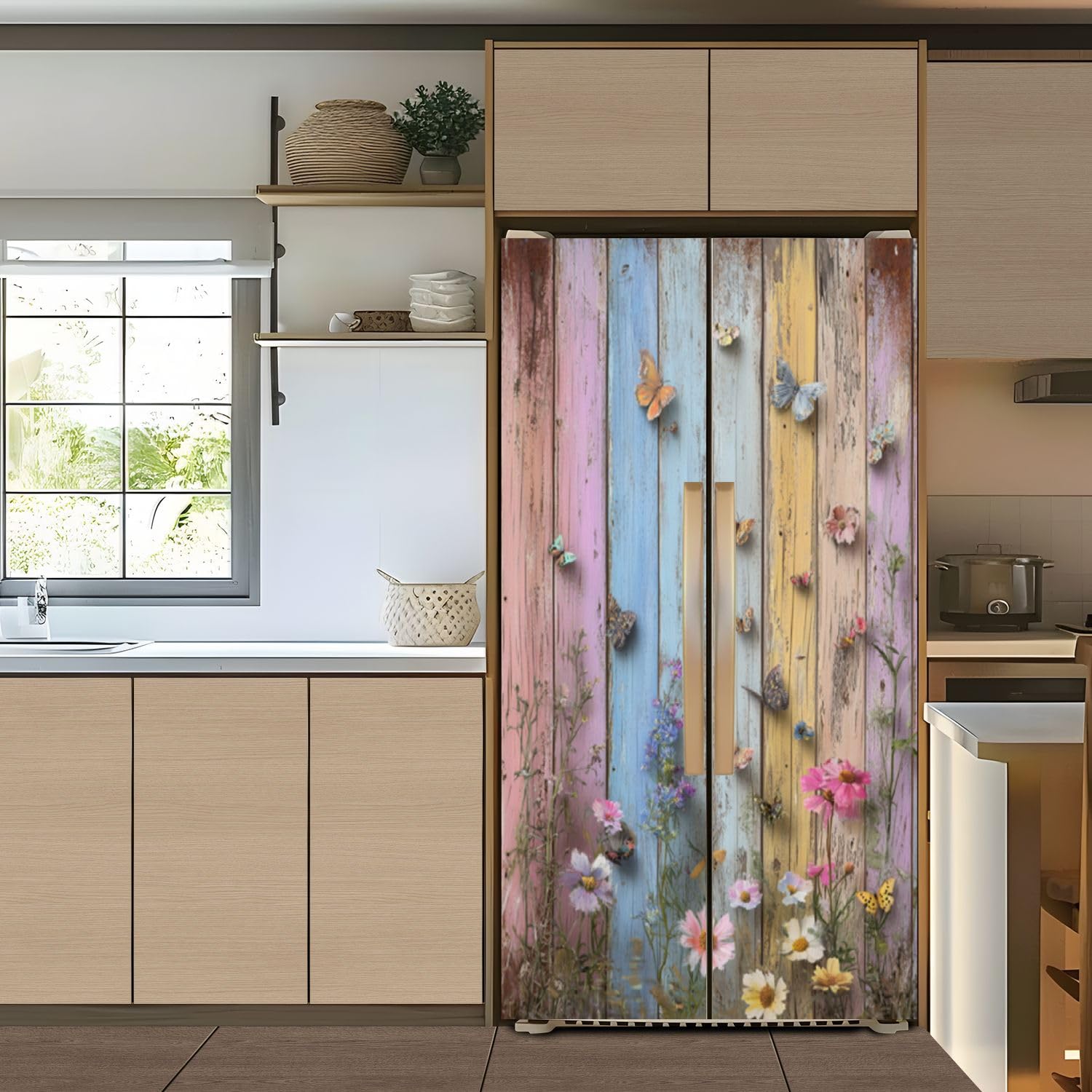 Self Adhesive Vinyl Refrigerator Wrap Set Rustic Wooden Panel Background Vivid Flora Butterflies Art Door Mural Removable Fridge Sticker Peel and Stick Decal Rustic Kitchen Decor