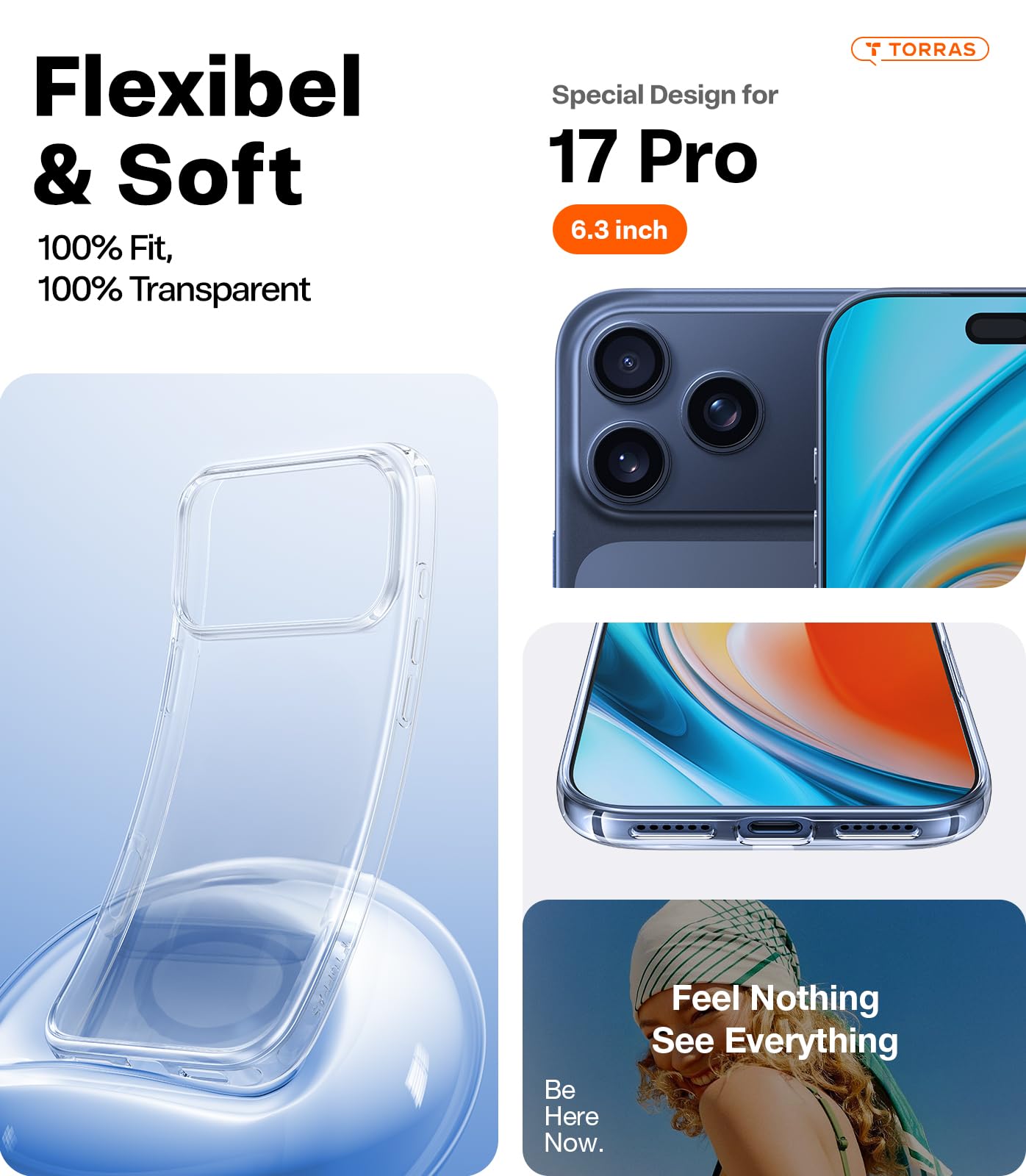 TORRAS for iPhone 17 Pro Case Crystal Clear, Ultra-Thin, 2025 Upgraded Non-Yellowing, Military-Grade Protection, Transparent Slim Case for iPhone 17 Pro Phone Case, Soft, Anti-Scratch, Clear