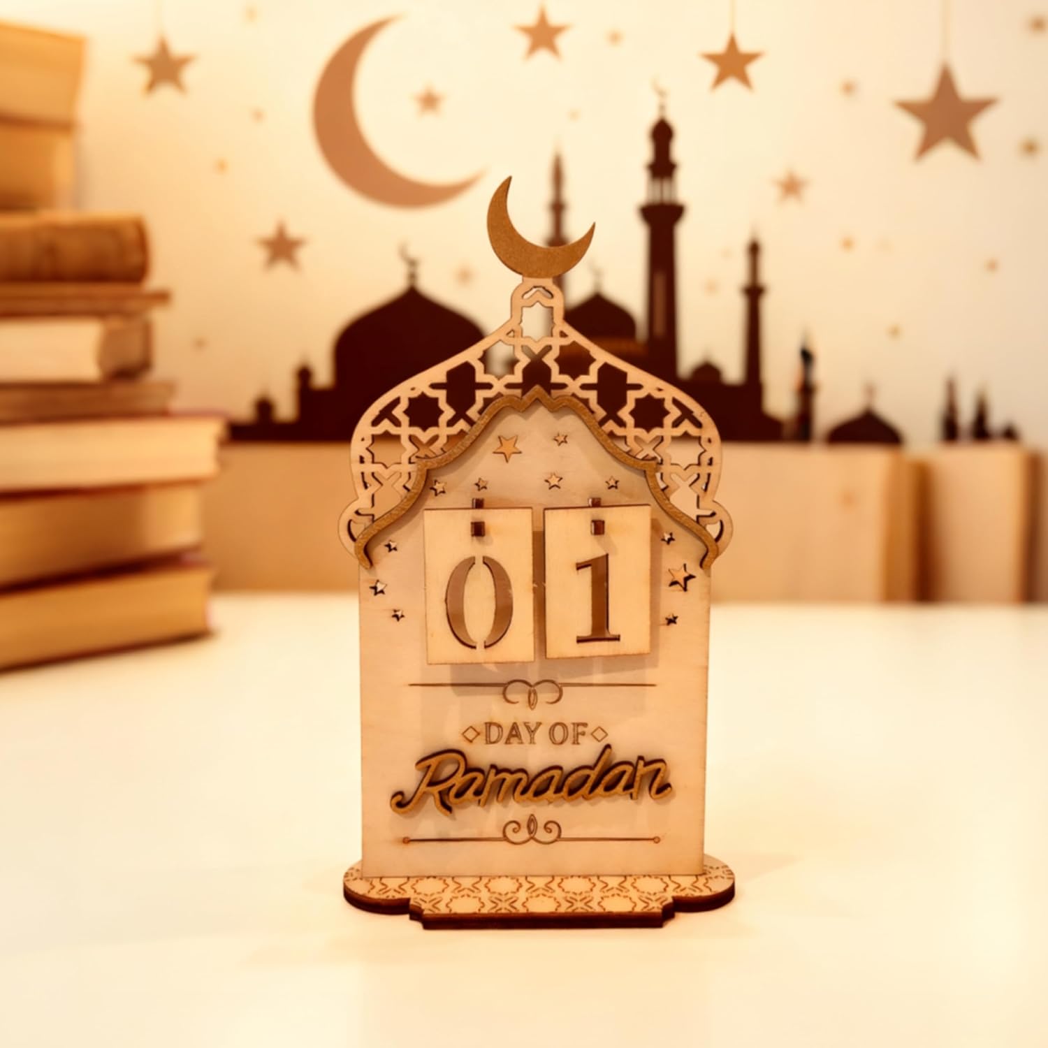 Ramadan Countdown Calendar Wooden, Eid Decoration for Home, Ramadan Day Counter for Mubarak Desk Decor, Office Tabletop Centerpiece, Islamic Tabletop Mosque Design Display with Crescent Moon - Image 7