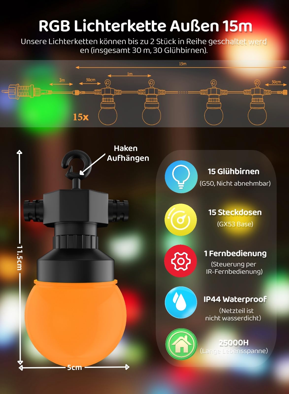 Gaoxun Guirlande Lumineuse Exterieure, 15M RGB Guirlande Guinguette Exterieur avec Télécommande, 15 Ampoules Incassables, Dimmable, Minuterie, IP44 étanche, pour Jardins, Mariage, Bistrots, Maisons