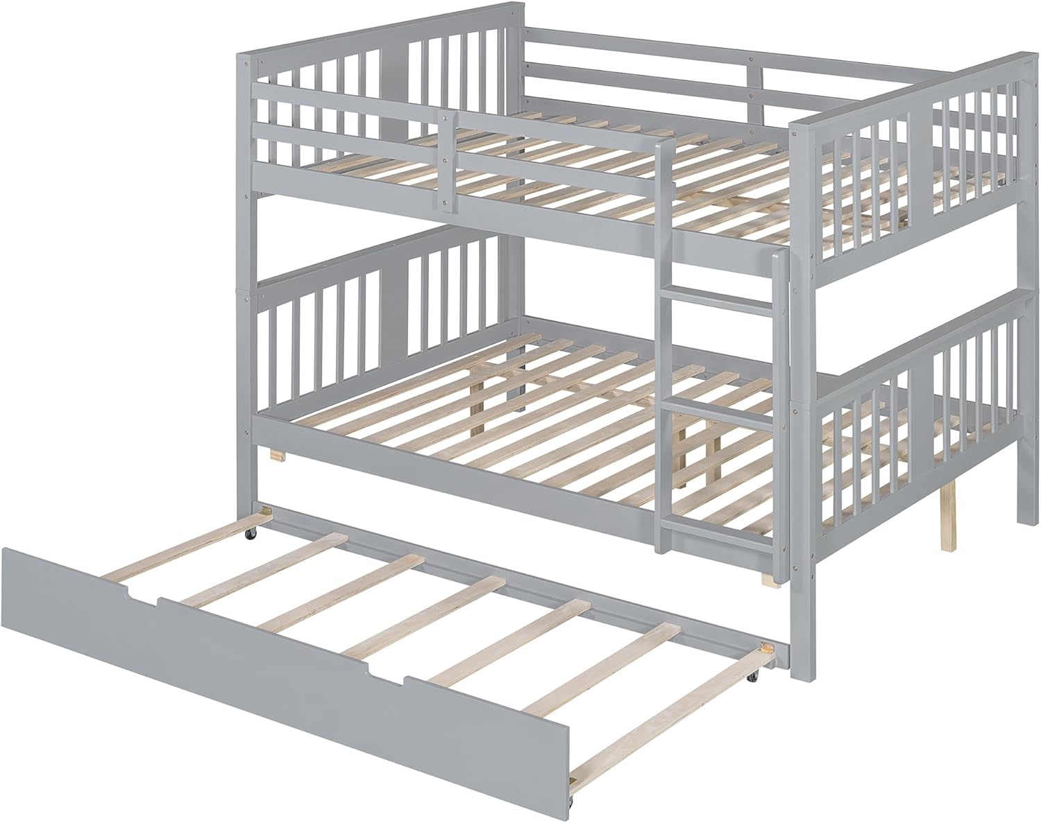 Merax Full Over Full Bunk Bed with Twin Size Trundle, Wooden Bunk Bed Frame with Ladder and Guardrail, Can Divided 2 Beds, No Need Box Springs, Gray