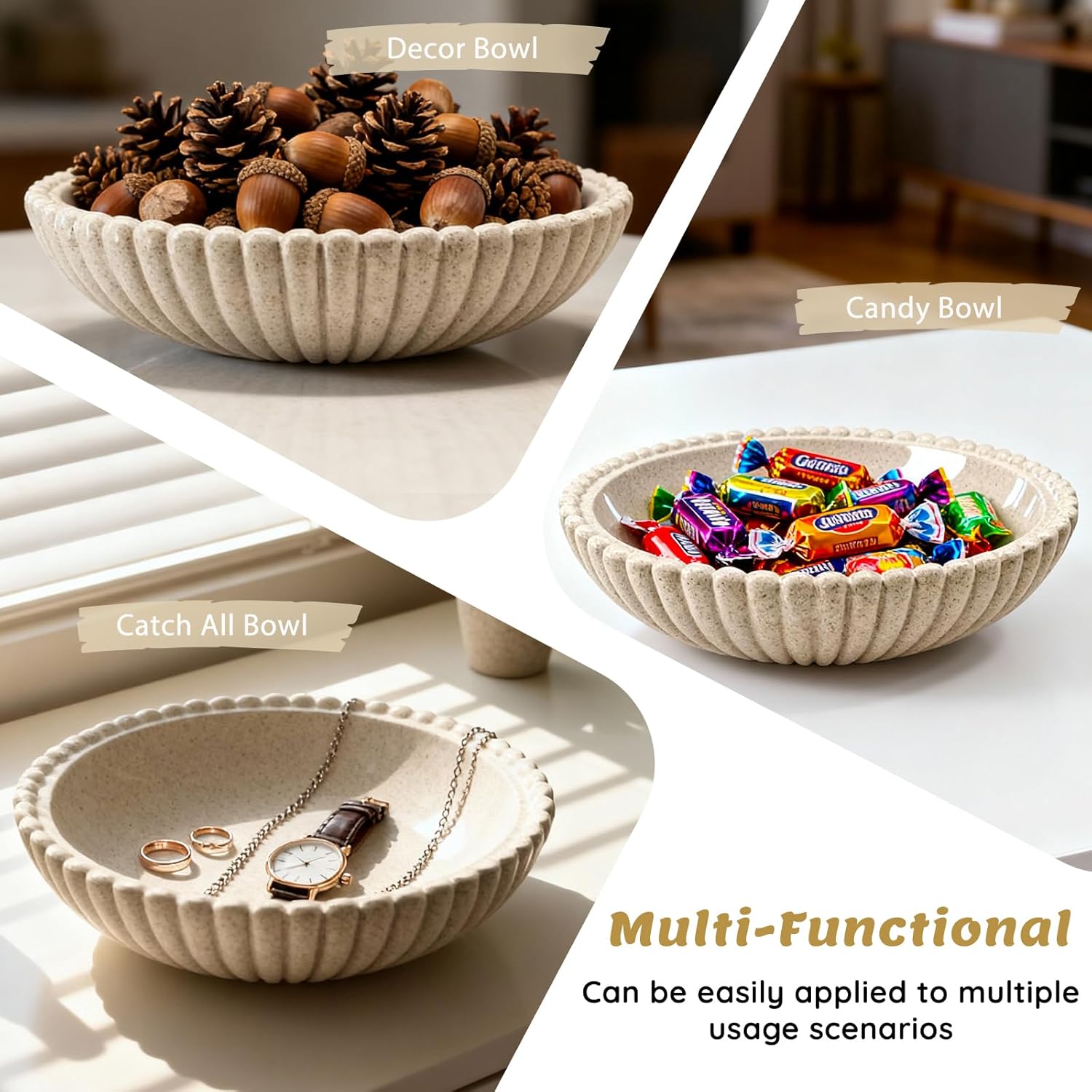 Gutedeal 10" Large Decorative Resin Bowl, Modern Handicraft Scalloped Ruffle Bowls for Home Decor, Fruit and Key Bowl for Kitchen/Entryway/Coffee Table/Wedding, Matte Beige