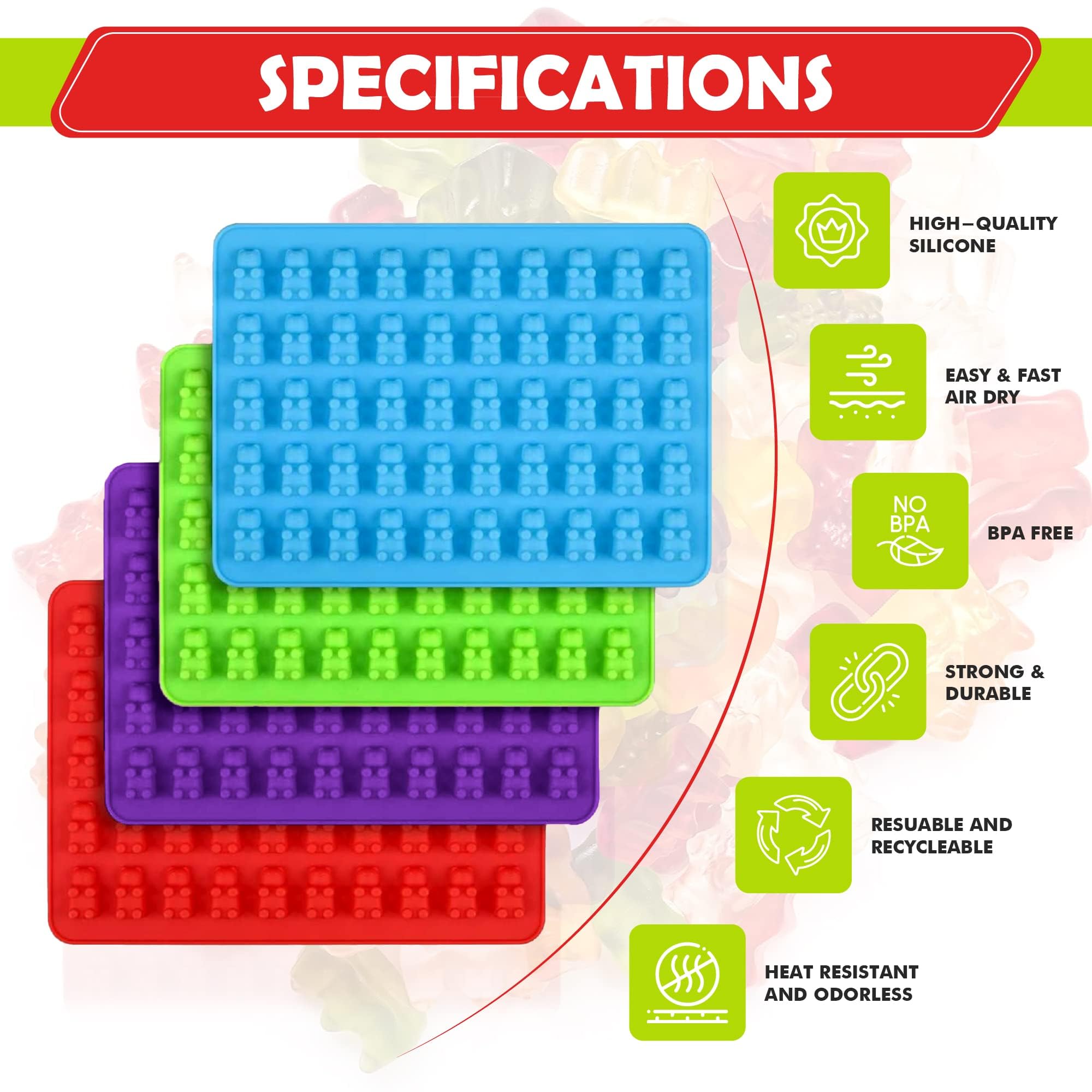 Moldes de silicona para caramelos, juego de 4 bandejas de oso de goma con cuentagotas, divertidos osos de goma con moldes de silicona antiadherentes, moldes de silicona perfectos para