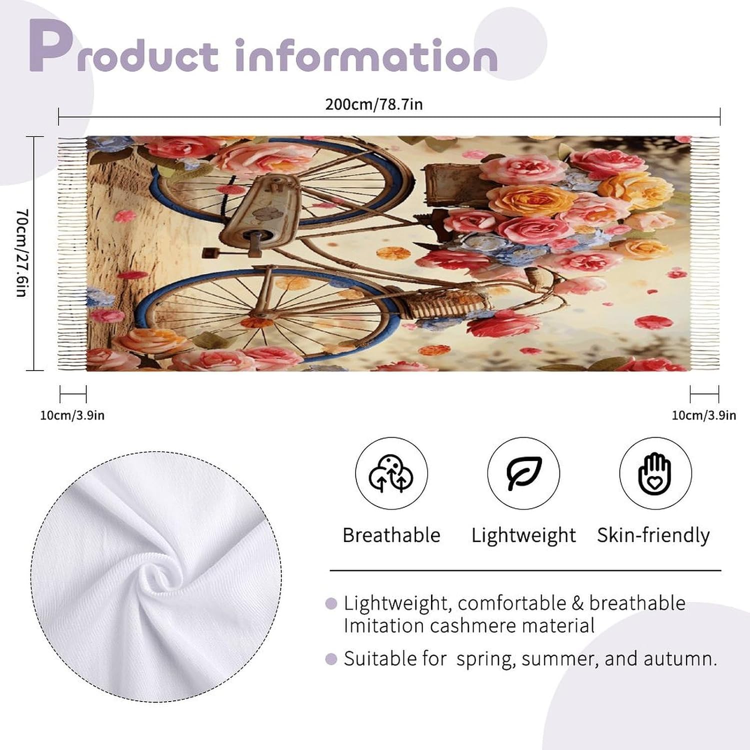 Flower Bicycle Scarf for Women Men Soft Warm Fashion Blanket Scarves Classic Cashmere Feel Scarf Long Shawl Large Scarves Cold Weather Thick Blanket Scarfs