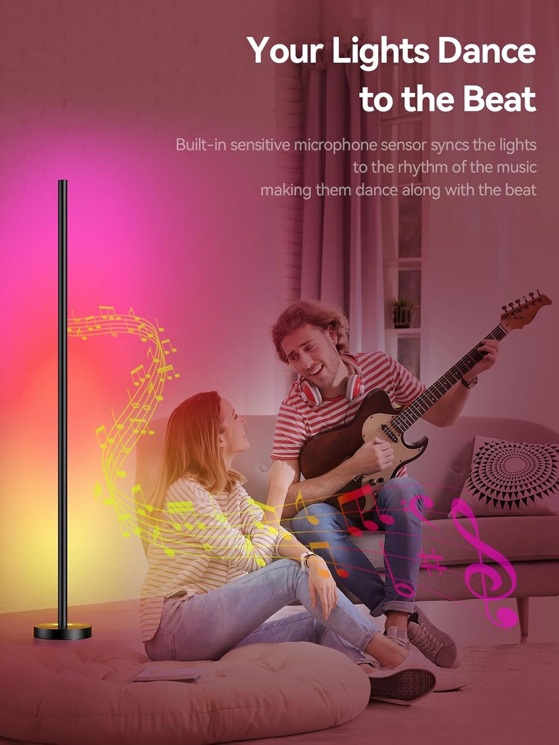 Smart RGBICW LED Corner Floor Lamp - 16 Million DIY Colors, 68  Scenes, Music Sync, App & Remote Control, Color-Changing Ambient Lighting for Living Rooms, Bedrooms, and Gaming Rooms