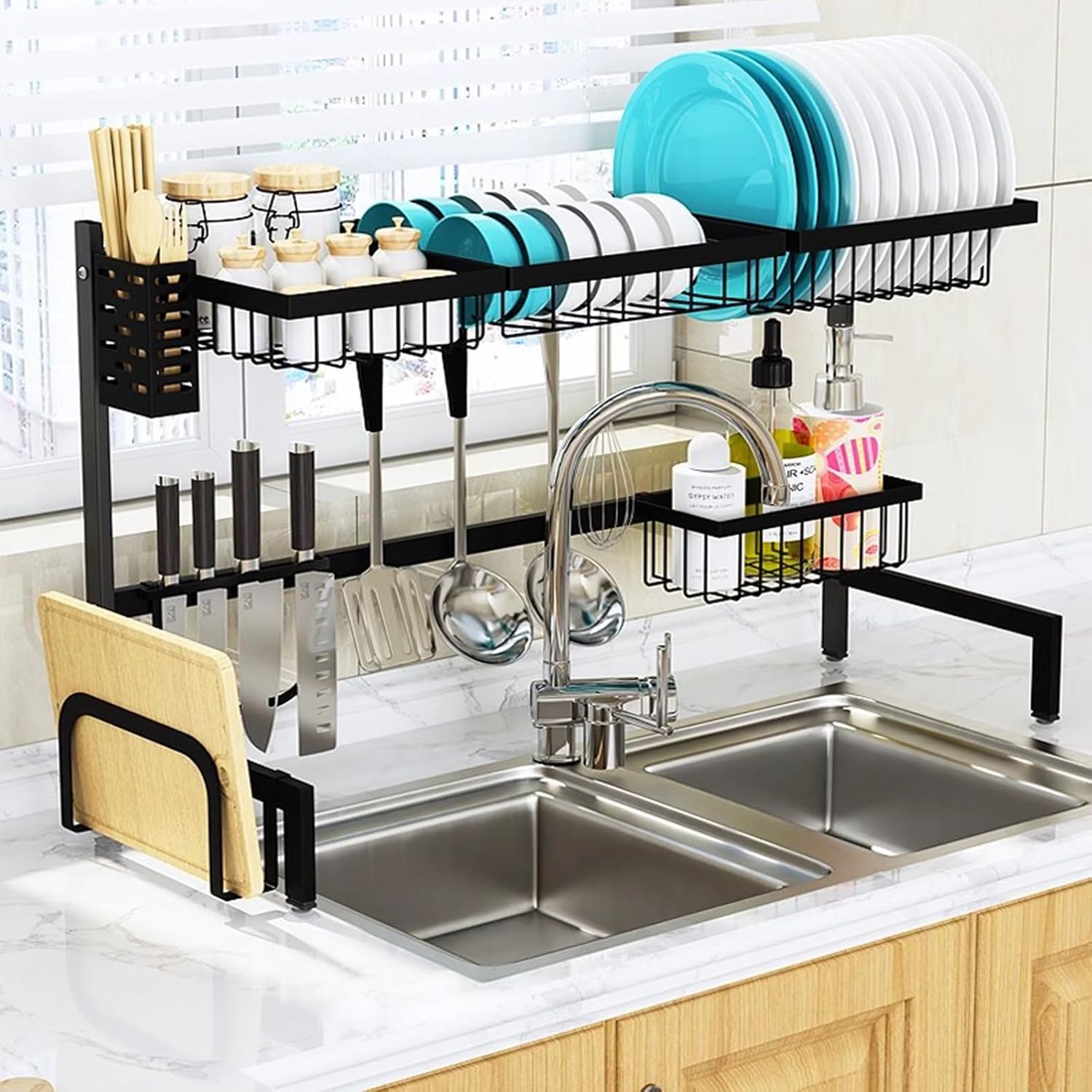 Over Sink Dish Drying Rack Kitchen Counter Dish Rack Large Dish Drainer Storage Space-saving With Utensil Holder Caddy