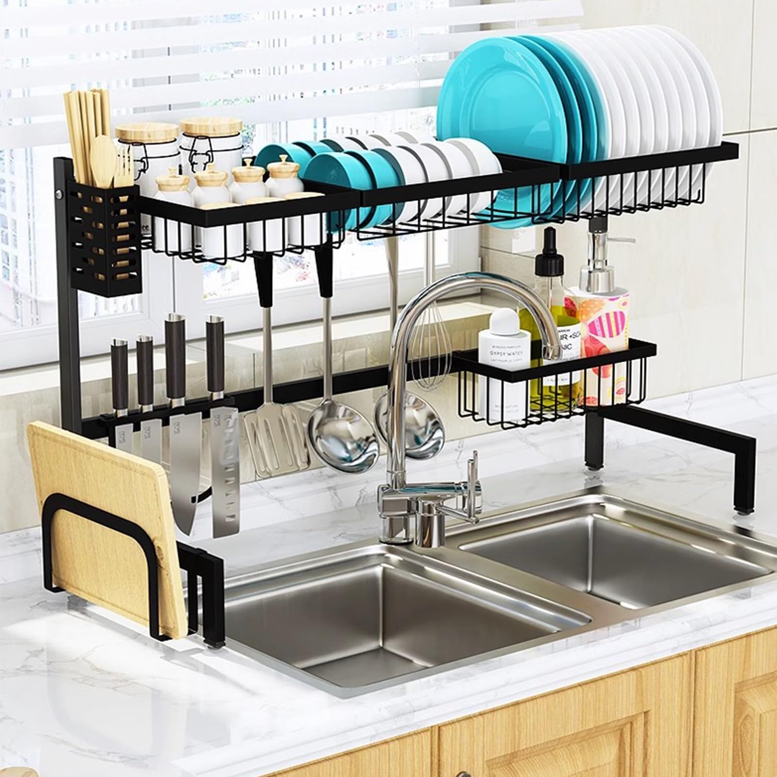 Over Sink Dish Drying Rack Kitchen Counter Dish Rack Large Dish Drainer Storage Space-Saving with Utensil Holder Caddy