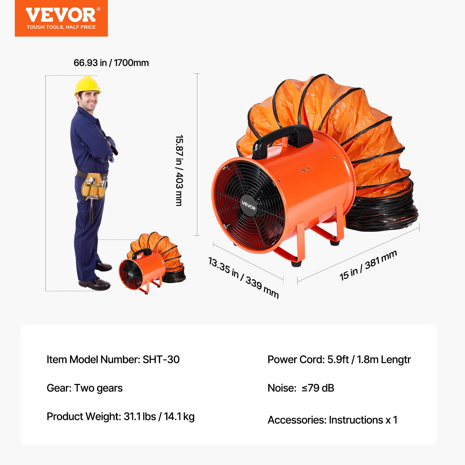 VEVOR Ventilador Extractor Industrial 365 W Extractor de Aire Conducto 304,8 mm Manguera de Extracción 10 m Volumen de Aire de 4373 m3/h Extractor de Aire 2 Engranajes para Extracción de Polvo y Humo
