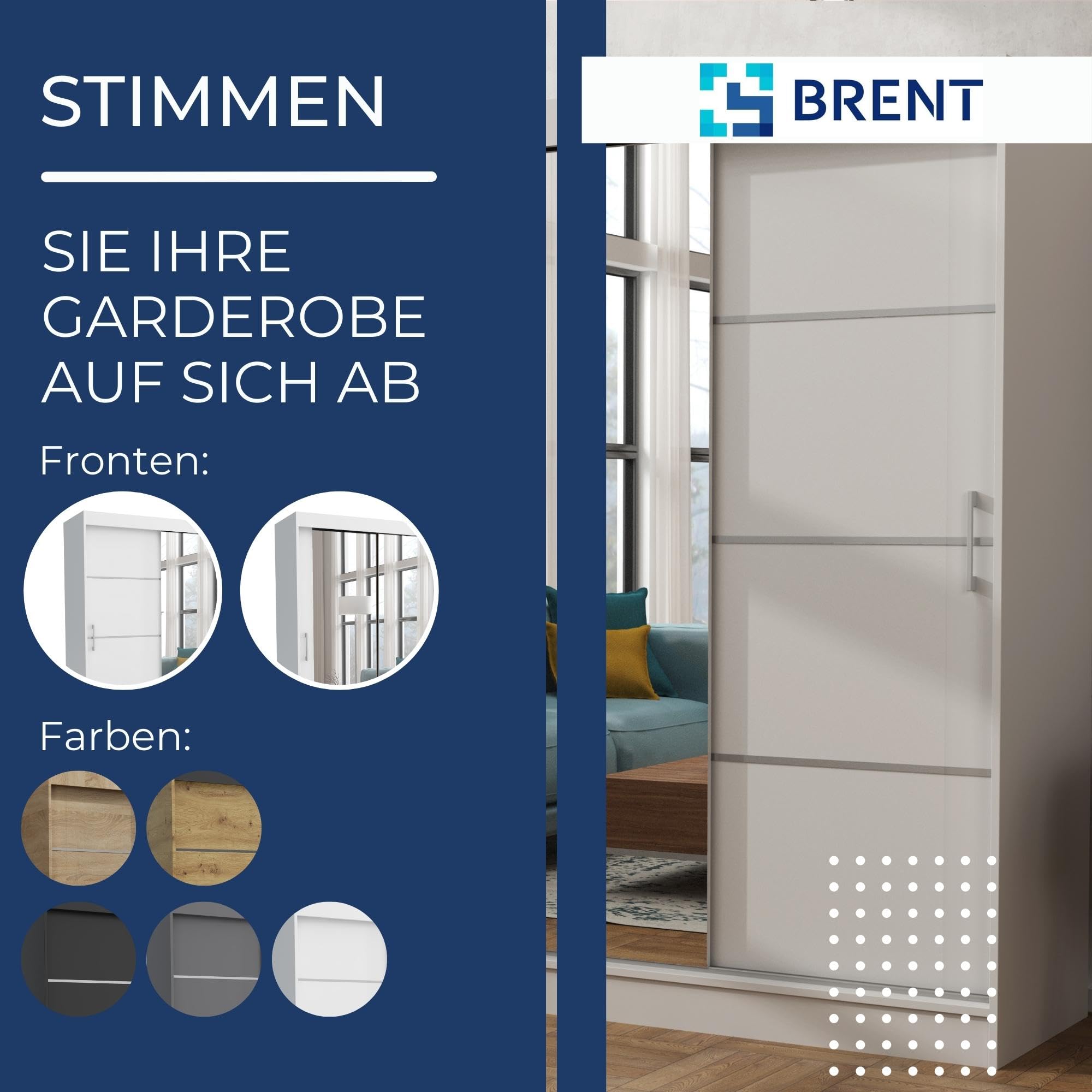 Brent - Kleiderschrank mit Schiebetüren Windsor David I 100x200x60 cm I mit Spiegel, Stangen und Einlegeböden für Kleidung I Laminierte Spanplatte I Aluminiumschienen I Weiß
