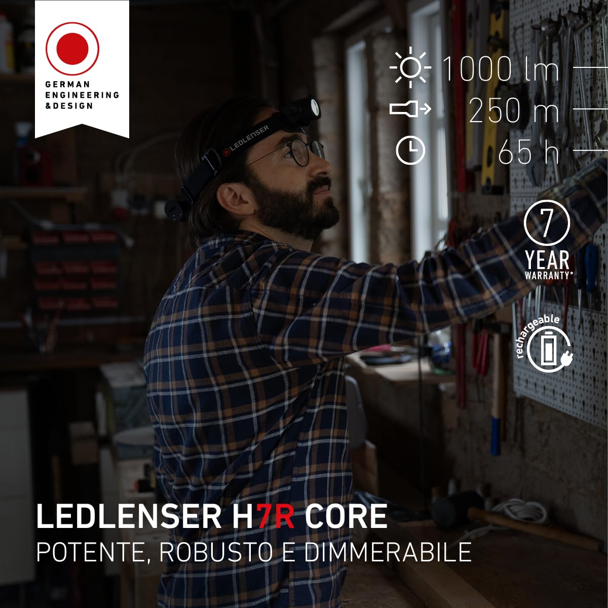 Ledlenser H7R Core Torcia Frontale LED, 1200 Lumen, Ricaricabile con Batteria al Litio, Impermeabile IP67, dimmerabile, Const. Light, Portata Luminosa di 260m, Cavo di ricaricamagnetico USB