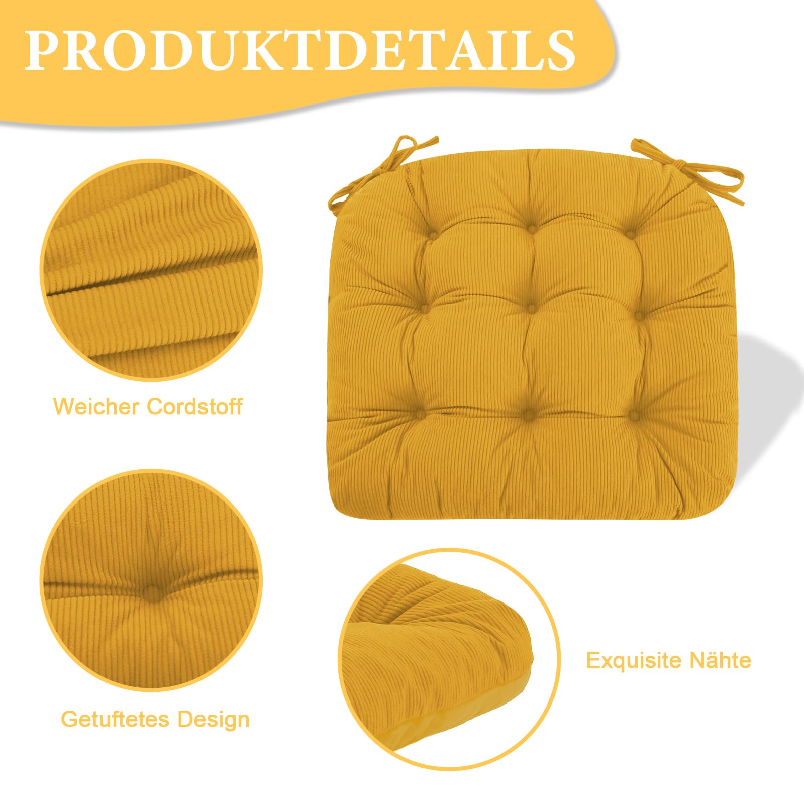 Juego de 2 cojines para silla, 45 x 45 x 7 cm, amarillo, cómodos cojines de pana y terciopelo de cristal con lazos, ideales para comedor, oficina, salón y sillas de jardín, relleno de alta