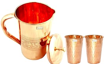 Prisha India Pure Copper Jug Picture with 2 Tumblers Best Quality for Ayurveda Healing