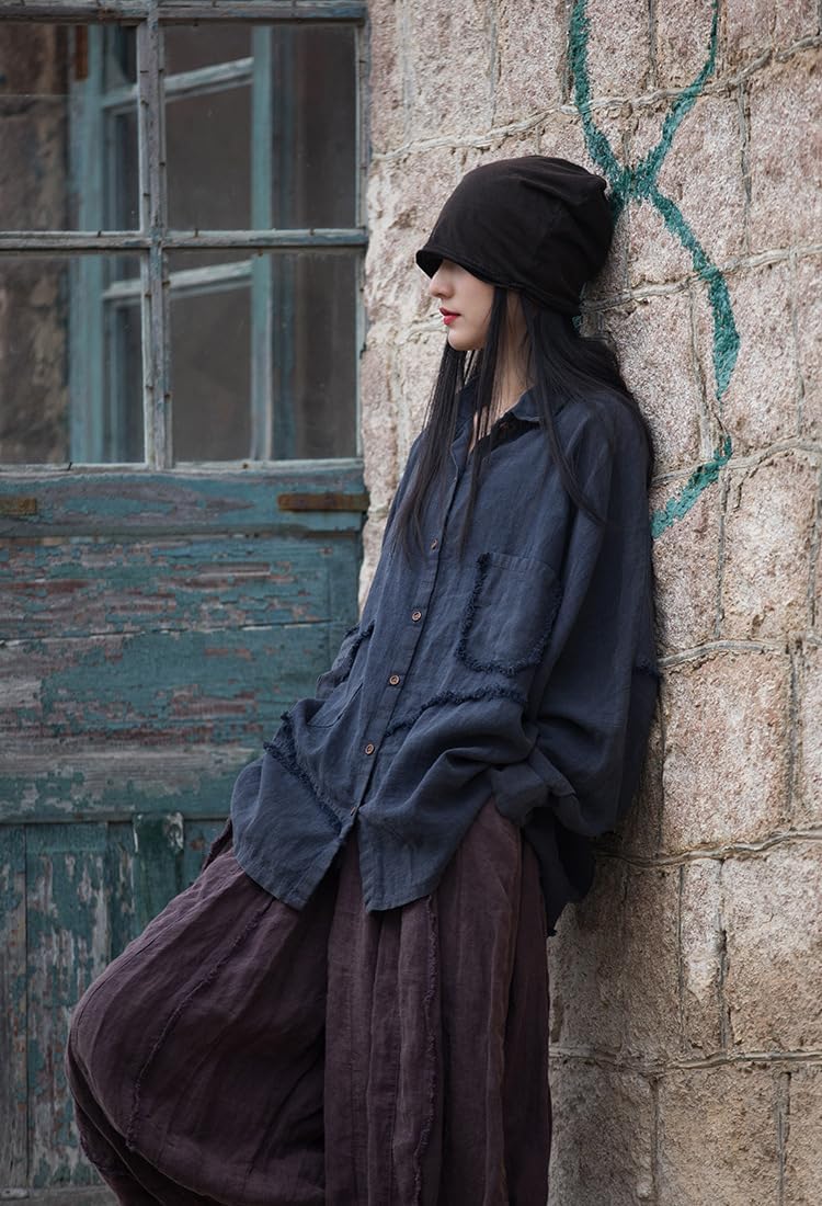 Women's Plus Size Linen Shirt Cotton Long Sleeve Button Down Blouse Loose Fit Casual Top with Pocket - Image 4