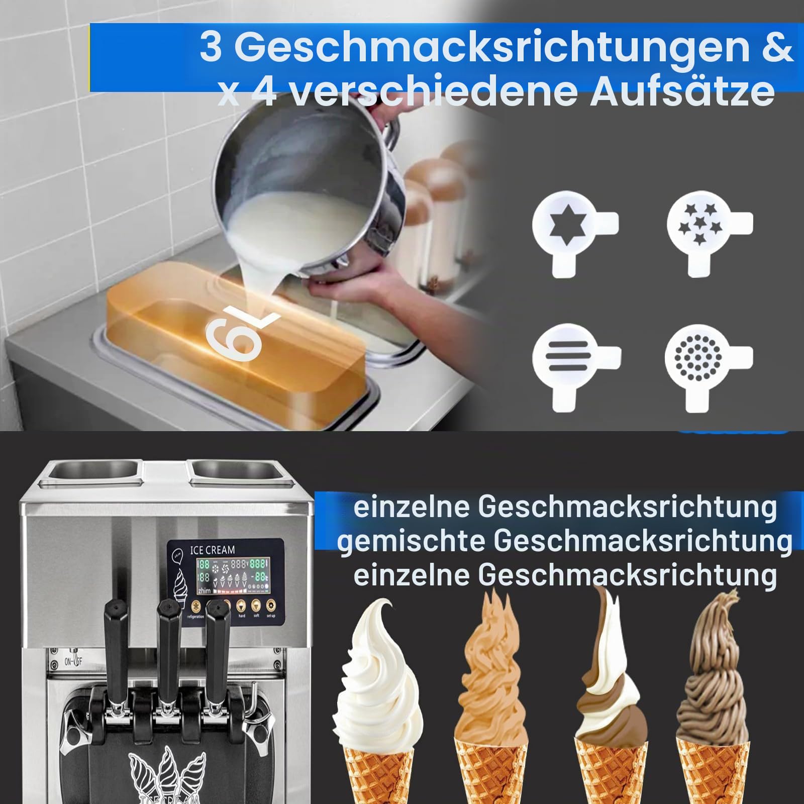 Kommerzielle Eismaschine, 20–28 L/h 2200 W, Kommerzielle Softeismaschine, Gewerbliche Eiscrememaschine mit 3 Aromen & 2 x 6L & LED-Panel, für Restaurant, Café (8218T)