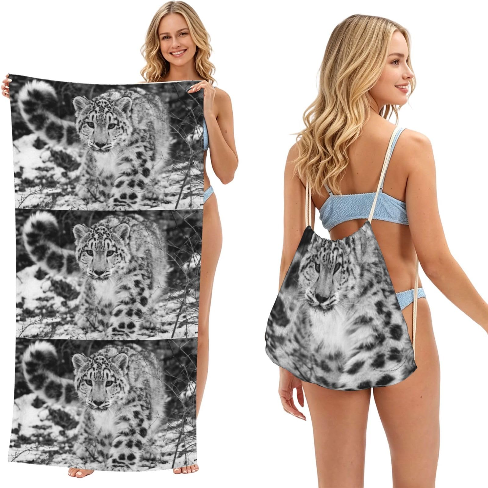 Poadnly As Picture Snow Leopard, 2 In 1 Packable Towel Bag, Beach Towels With Drawstring Backpack For Travel Holiday Camping