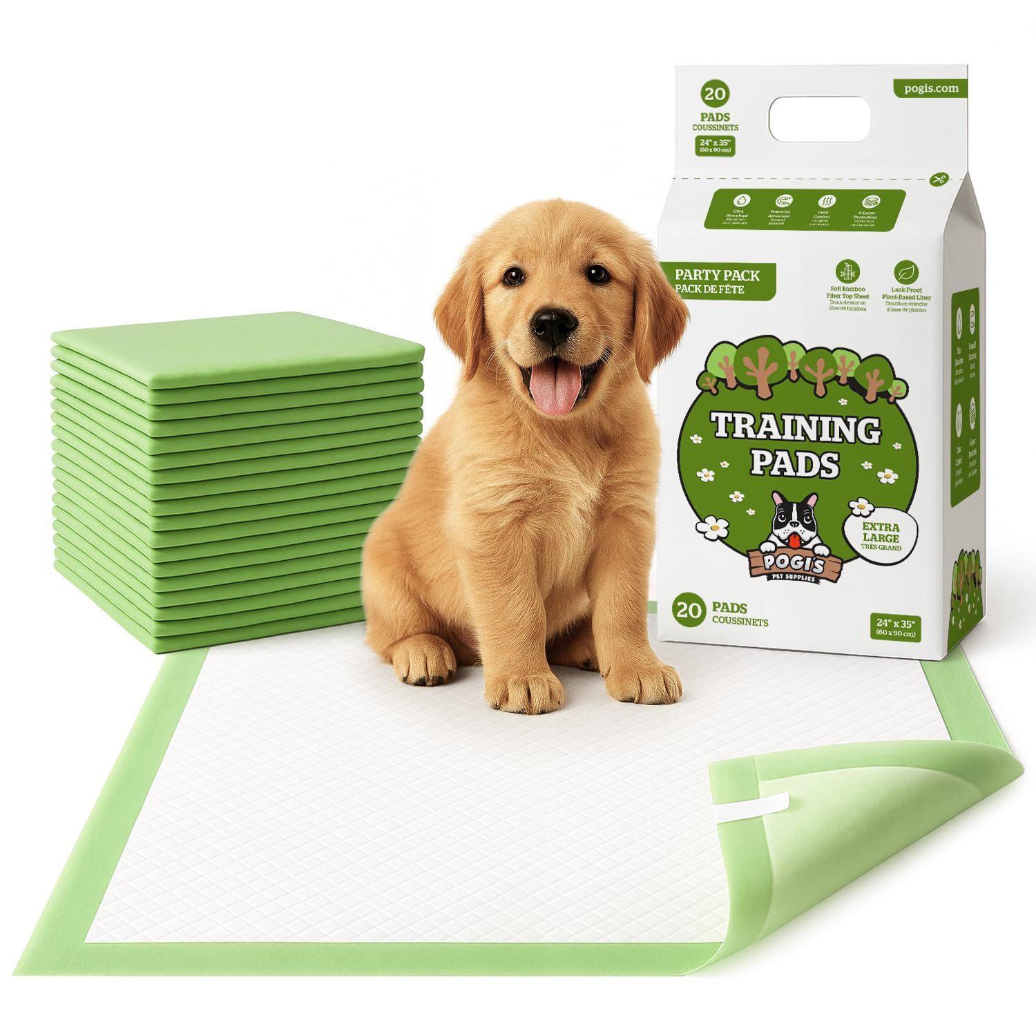 Pogi's Dog Training Pads with Sticky Tabs – Eco-Friendly, Odour Blocking & Super Absorbent – 20-Pack (60 × 90 cm)