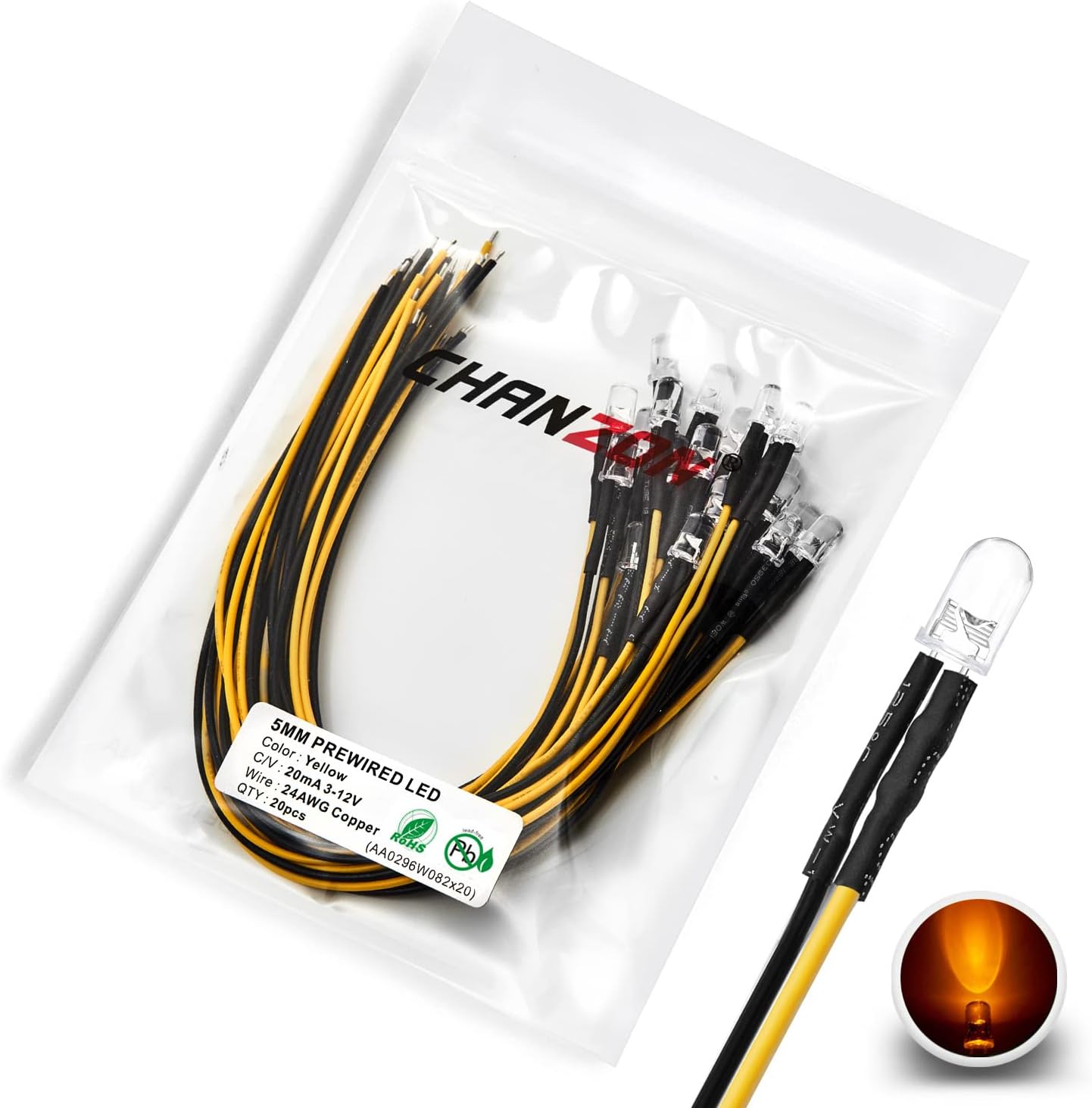 CHANZON 20 pcs Pre-Wired 5mm Yellow LED Diode Lights (Clear Round Transparent Lens DC 12V) with 680 ohms 1/4W Resistor and 24awg Wire Indicator Light Emitting Diodes Lighting Bulb 5mmled