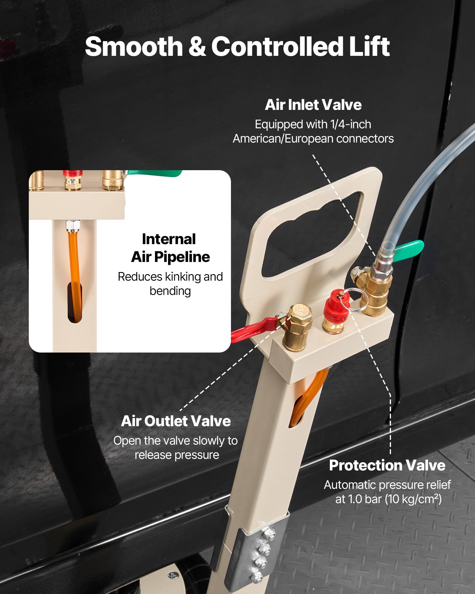 VEVOR Gato Neumático para Coches 3 T, con 6 Tubos de Acero y Manivela Ajustable, Altura de Elevación 140 a 450 mm, para Cambios de Neumáticos y Reparaciones de Vehículo, 1100 x 268 x 140–450 mm