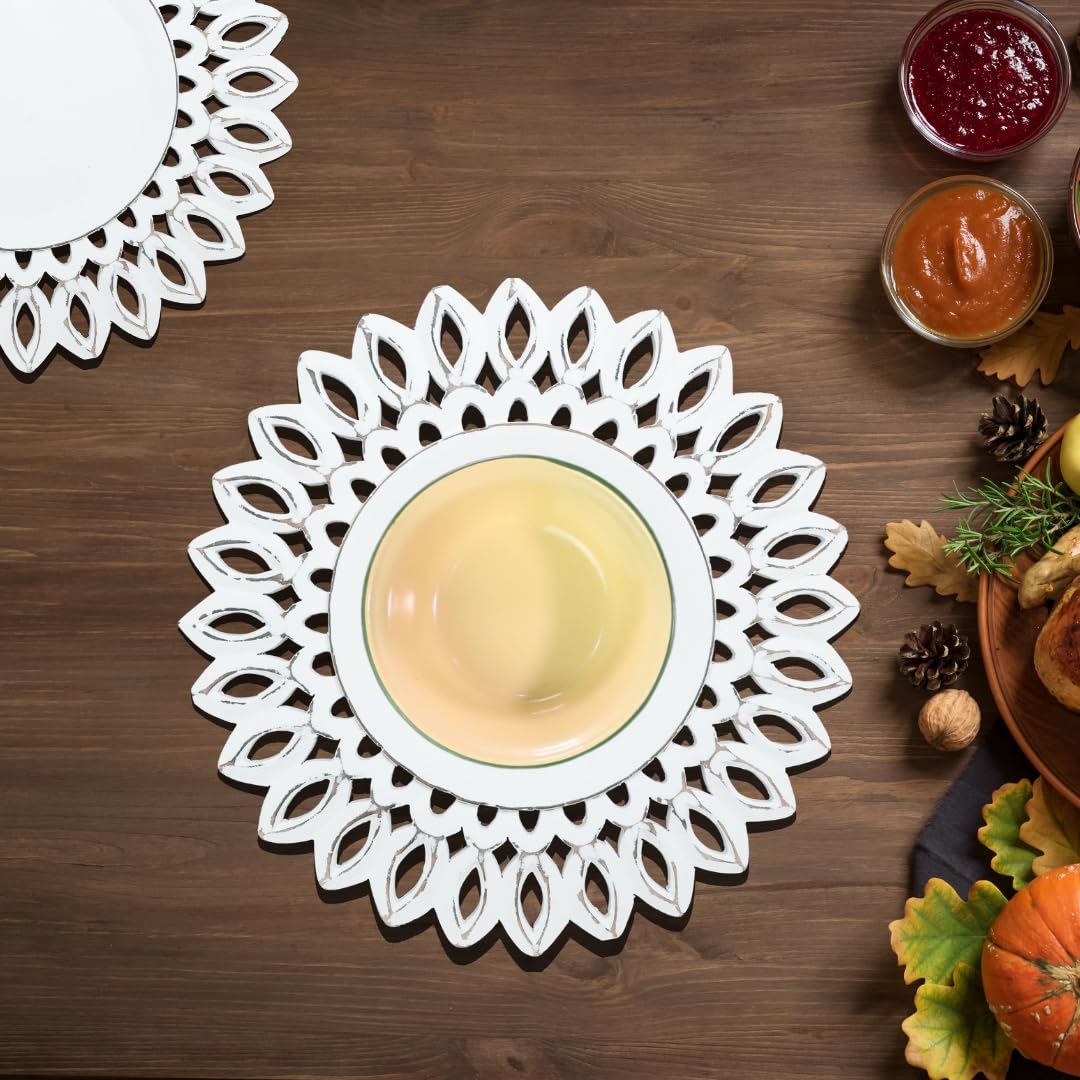 White Wood Charger for Dinner Plates Set of 2 - Decorative Sunflower Design 13 Inch Round Wooden Placemat for Dining Table Décor, Family Gathering, Wedding, New Year, Party, Events & Everyday Use