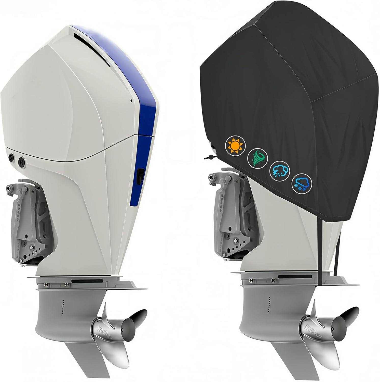 Outboard Motor Cover, 1200D Waterproof Boat Motor Cover Compatible with Mercury 75HP-115HP - 4 STR 4 CYL 2.1L 2010-2025, with Elastic Hem & Windproof Straps, Black