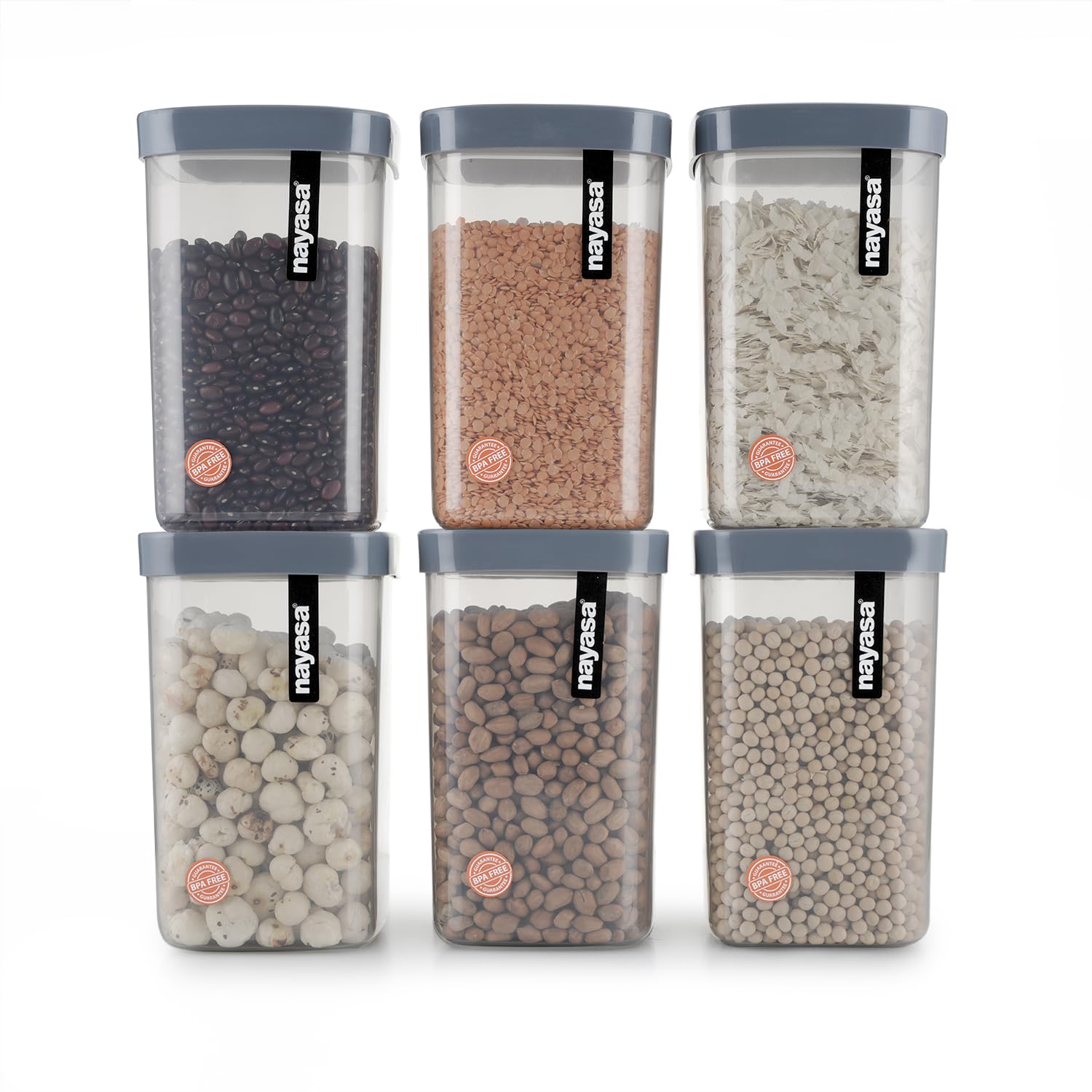 Nayasa Fusion 1.5 Litres BPA Free Food Grade Airtight Kitchen Storage Stackable Containers - Set of 6 | Grey
