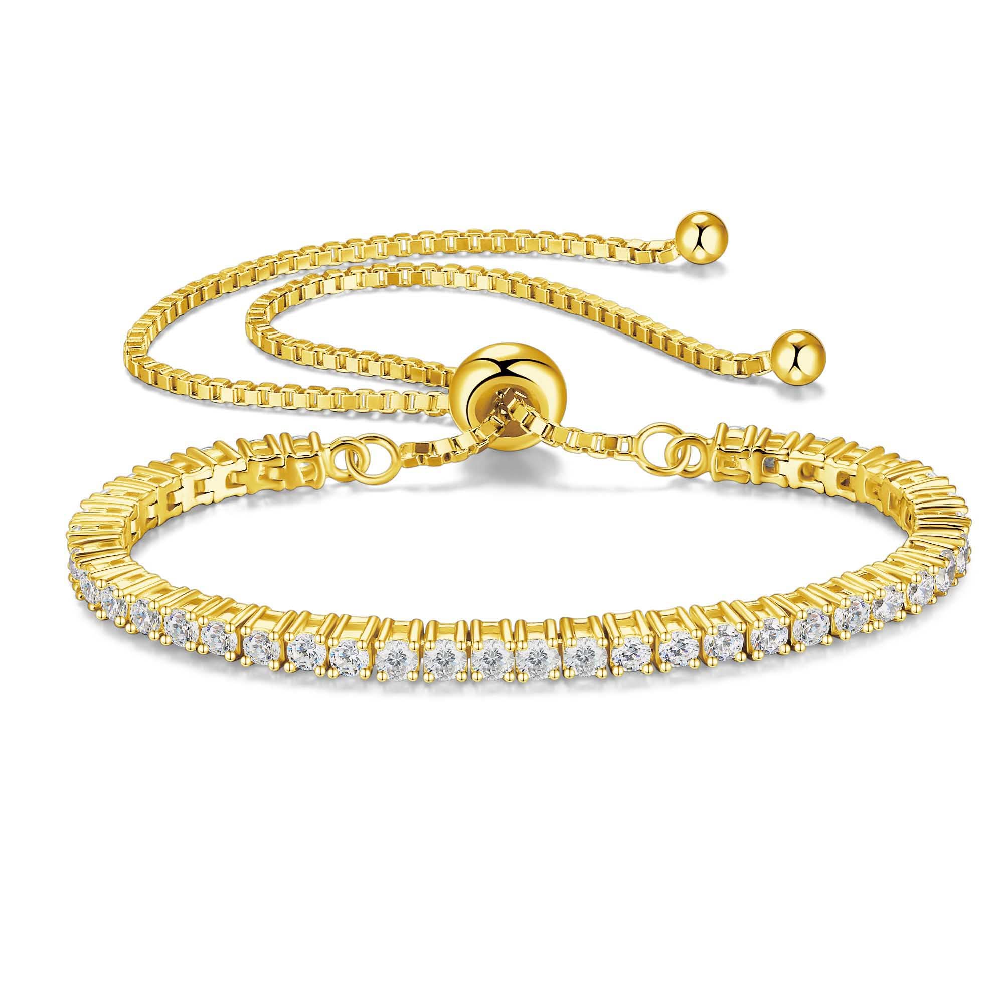 1.2-12 CTTW Moissanite Tennis Bracelet for Women, Adjustable 2-5mm D Color VVS1 Round Cut Moissanite Bolo Bracelet, 18K Gold Plated 925 Sterling