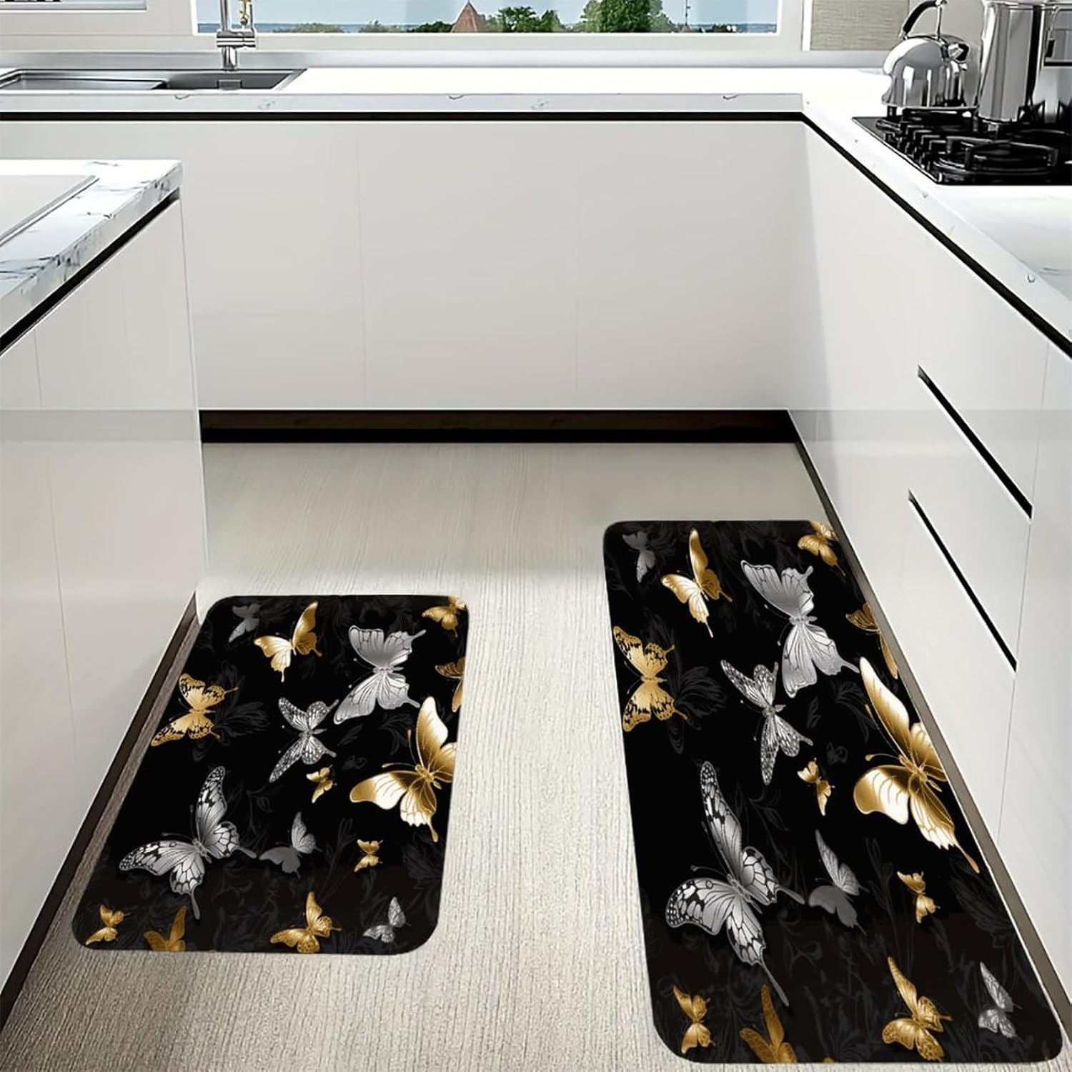 Gold White Butterflies Black Kitchen Mats with 2PCS Non-Slip Washable,Kitchen Rug Heavy Duty Durable, Floor Mats for Kitchen,Office,Sink,Laundry