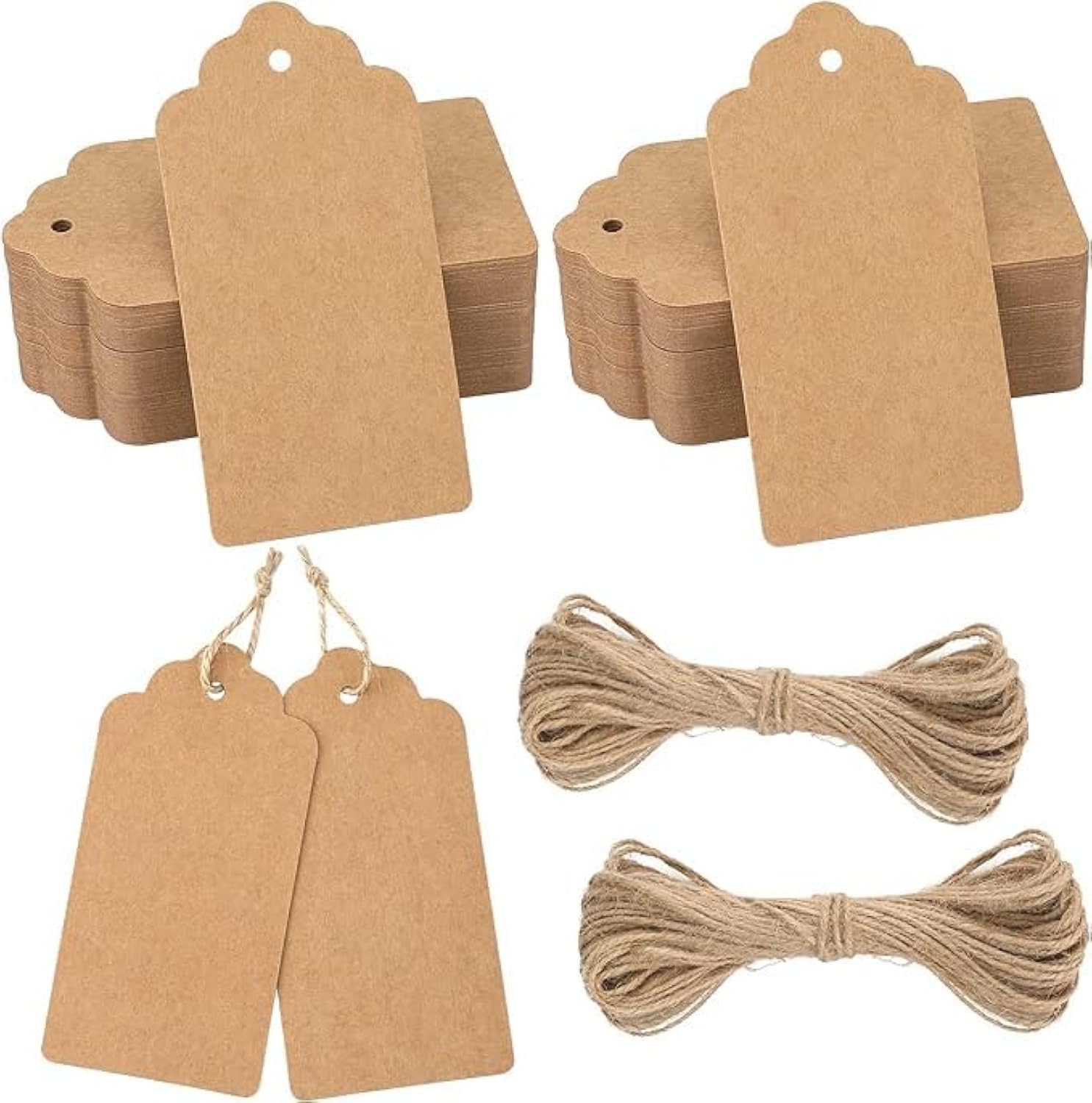 200 étiquettes Cadeaux Papier Kraft Avec Ficelle Jute - DIY Mariage, Noël, Anniversaire - Marron