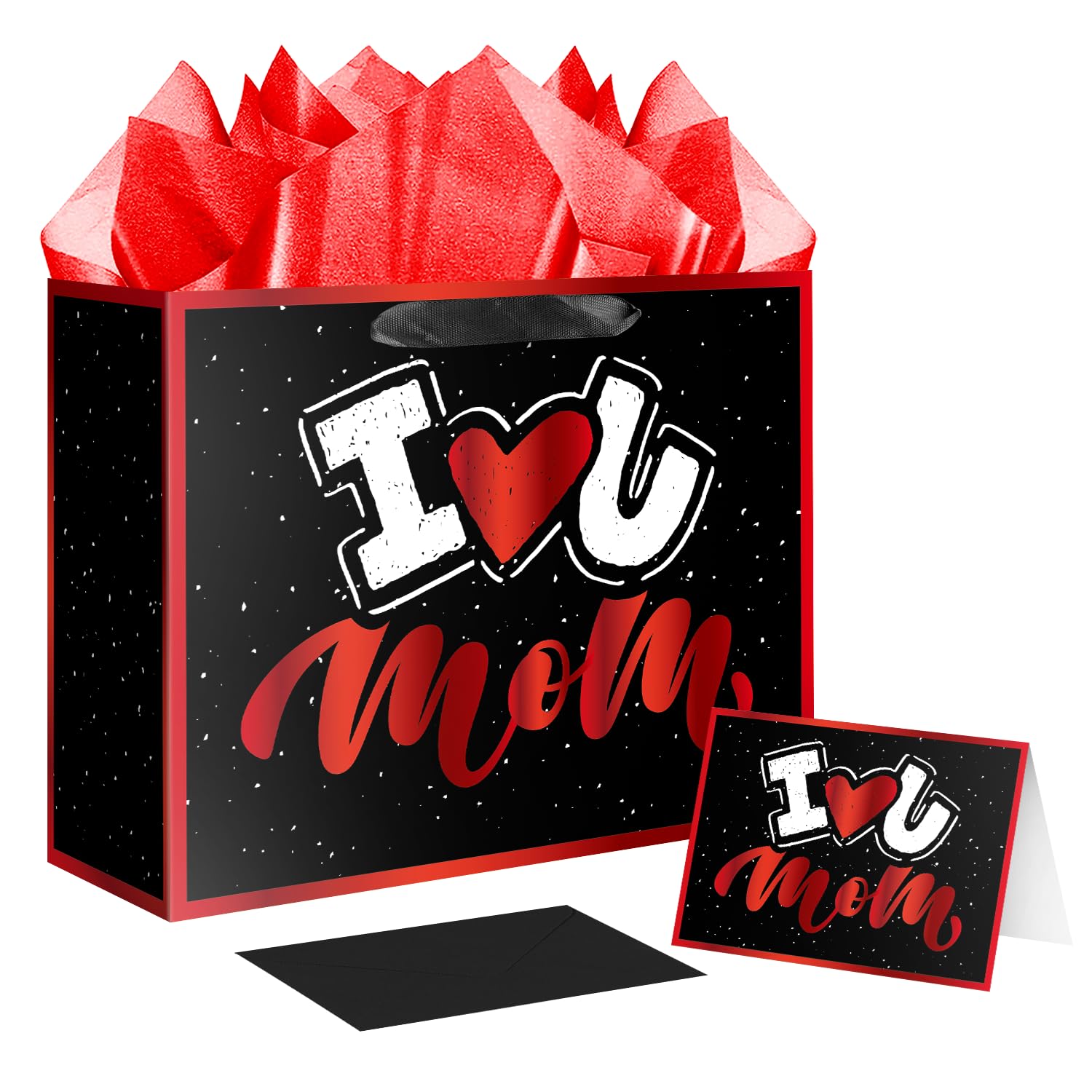 Jaywayang 12.6" Large Mother's Day Gift Bag with Card and Tissue Papers (Black Red)