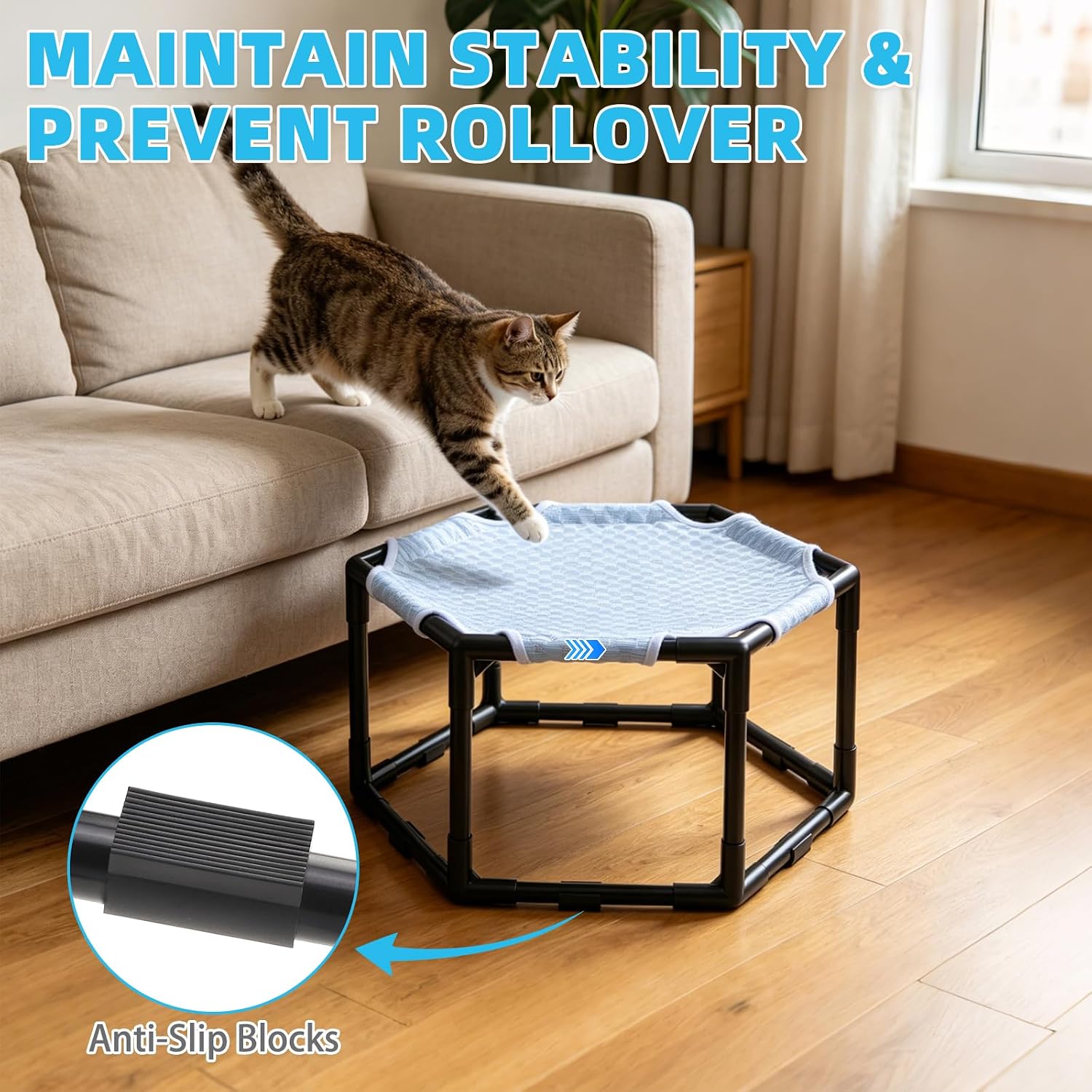 Elevated Cat Cooling Hammock Bed, Hexagonal Raised Cat Cot with Breathable Ice Beanie Fabric and Anti Slip Block, Cooling Pad Mat Indoor Outdoor Stable Pet Swing Bed for Small Puppy, Blue