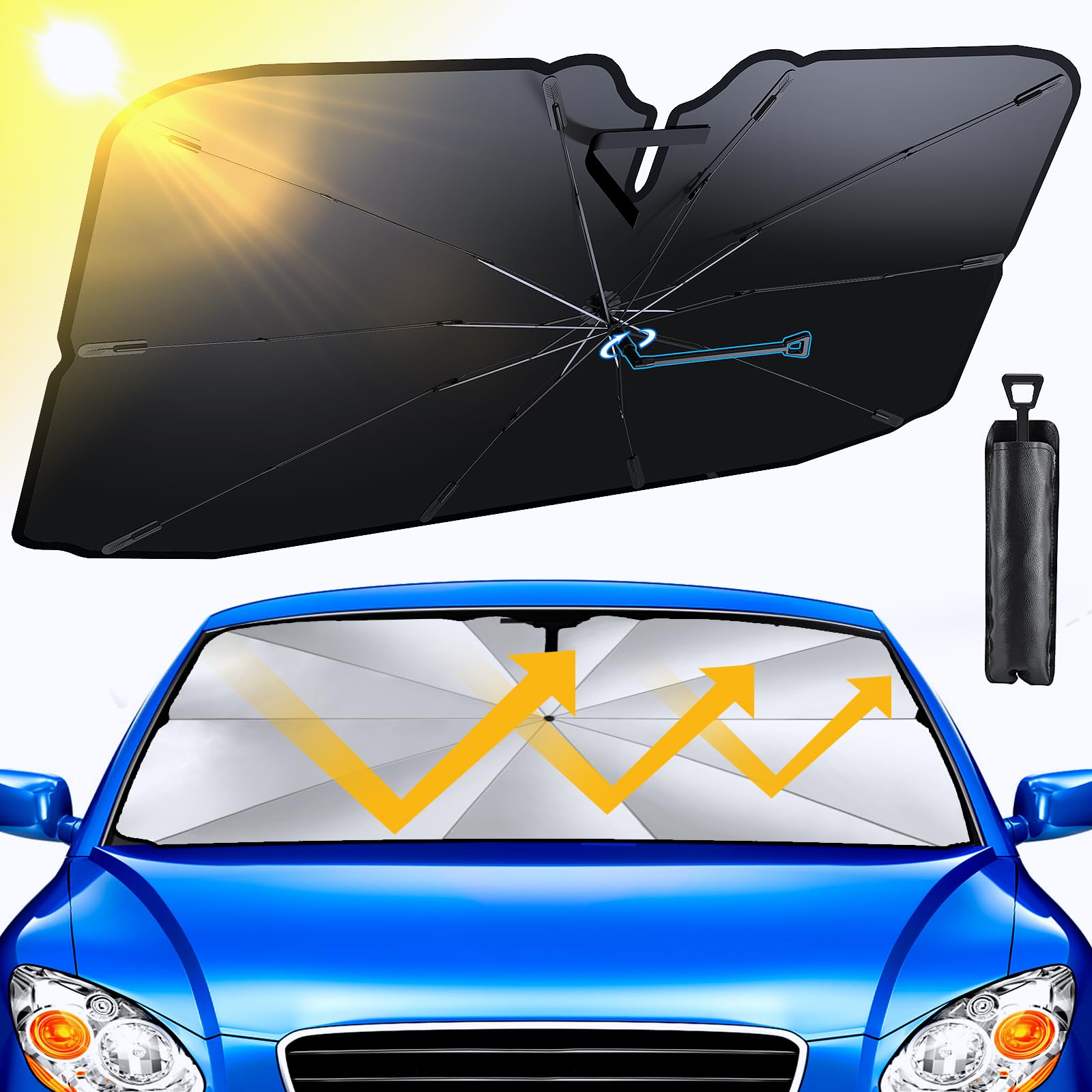Parasol Coche Delantero 145 * 79CM, Behozel 2024 Upgrade, Parabrisas Paraguas Rotación 360°, Plegable, Borde Antirayaduras, Protección UV, Aislamiento Térmico, para la Mayoría de Autos y SUV (XL)