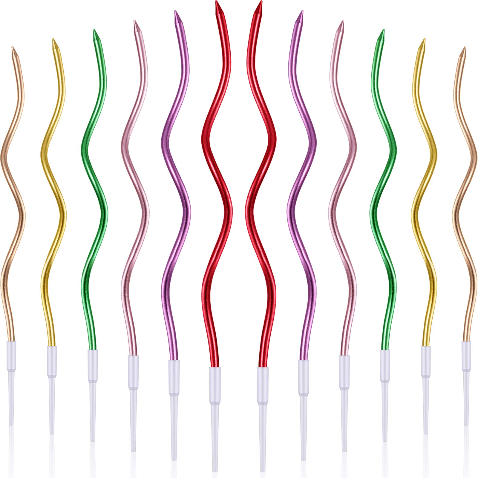 12 Pieces Twisty Birthday Candles Spiral Cake Candles Metallic Cake Cupcake Candles Long Thin Coil Cake Candles with Holders for Birthday Wedding Party Cake Decorations (Assorted Metallic Colors)