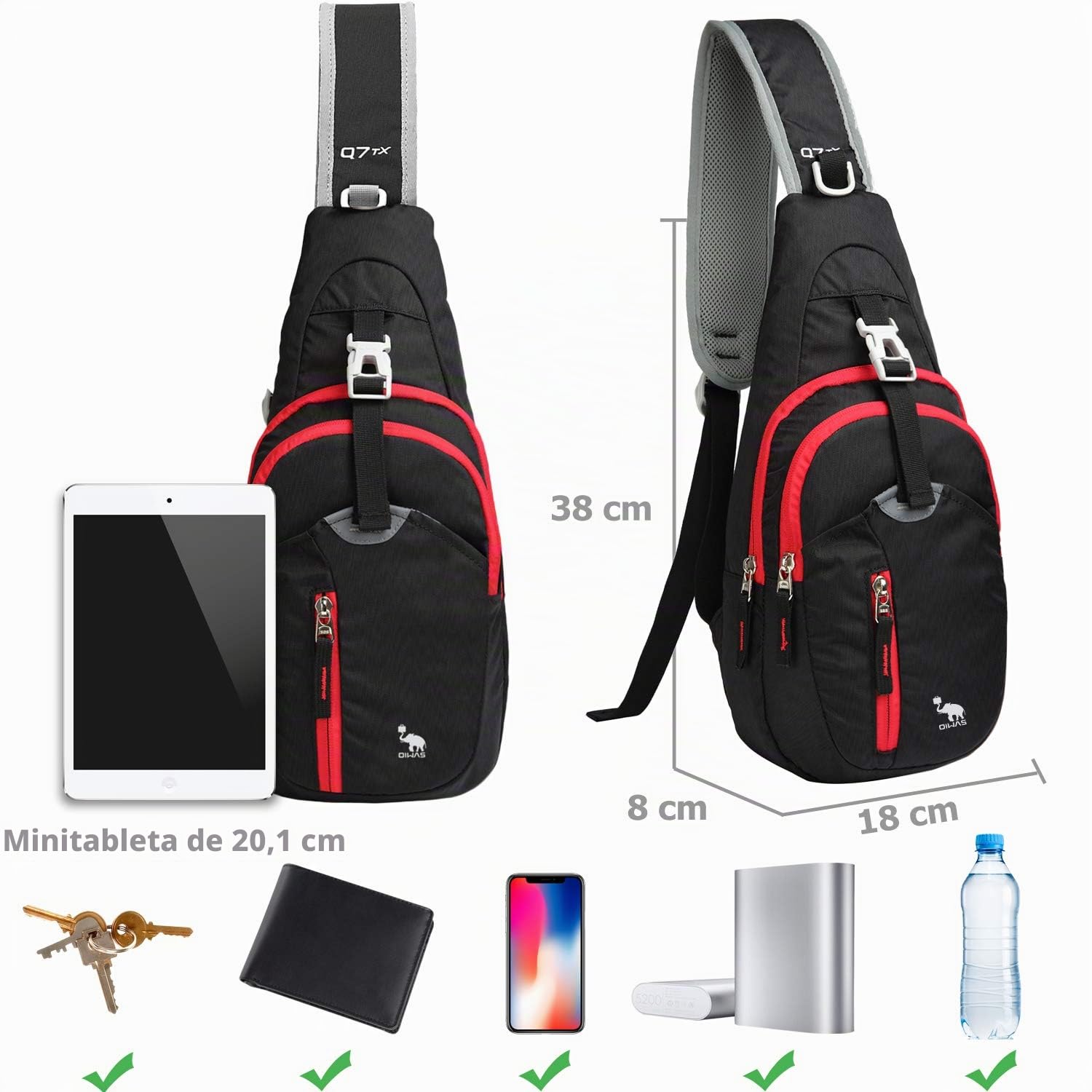 OIWAS Bolso Bandolera Hombre Cruzada Mochila Negra Pequeña Bolsa de Hombro para Deportes al Aire Libre Senderismo Ciclismo Montañismo y Viajes
