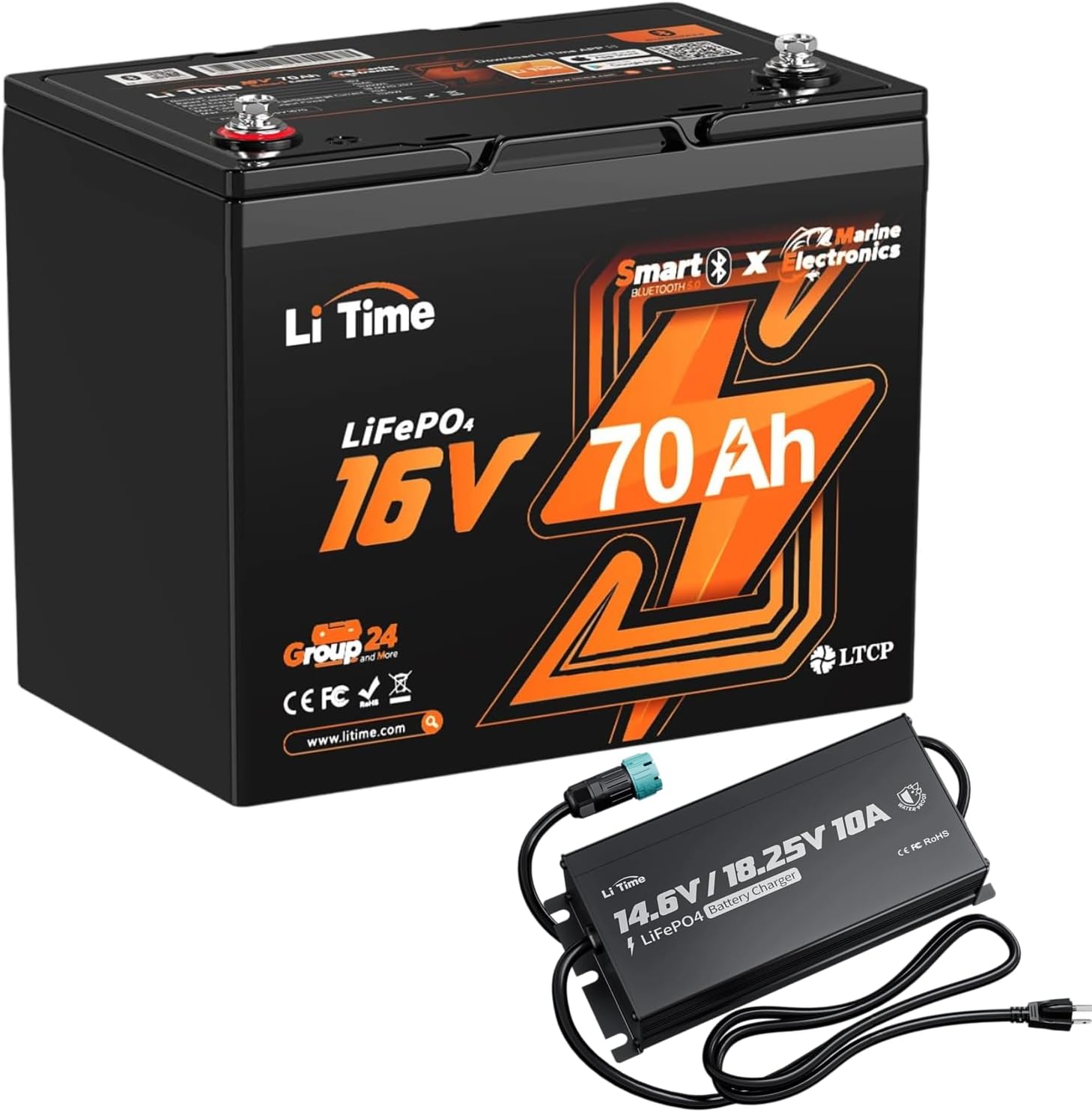Litime Pro Power Lithium Fish Finder Battery 16V 70Ah with Charger - LiFePO4 with Bluetooth 5.0 | Powers Livescope, ActiveTarget, Mega Live | Compatible with Garmin, Lowrance, Humminbird and More