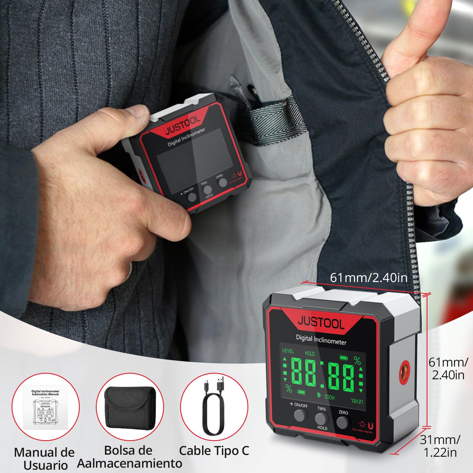 JUSTOOL Inclinómetro digital 4 * 90 con Pantalla LED-Nivel digital 4 lados magnéticos-Transportador láser electrónico Recargable-IP54 Impermeable para Carpintería,Construcción etc