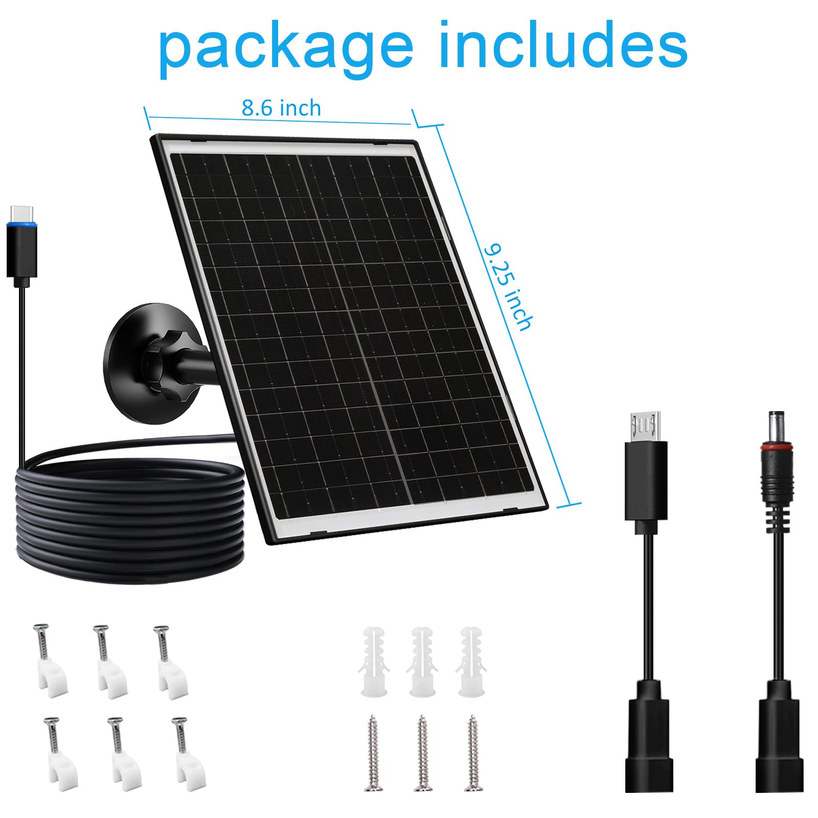 Zivif Caricatore solare USB-C da 10 W con pannello in vetro, pannello solare USB per telecamere di sicurezza, con DC 5,5 x 2,1 mm e porta micro USB, impermeabile IP66 con supporto regolabile e cavo da