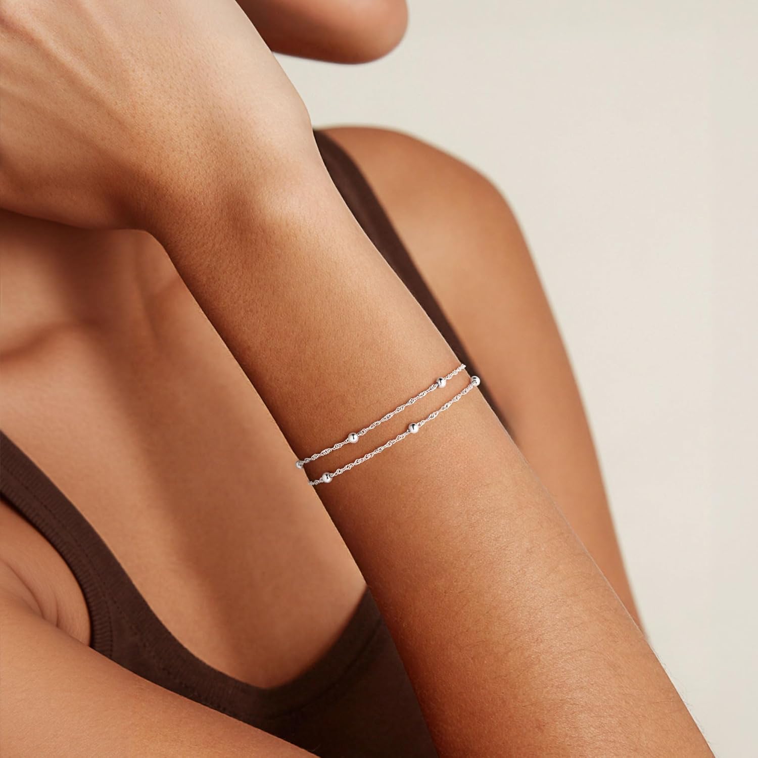 IEFWELL S925 Sterling Silver Bracelet for Women - 1.5mm Singapore Chain Bracelet, Dainty Double Strand Satellite Bead Bracelets, 6.5/7/7.5/8/8.5/9 Inches Jewelry Gifts for Women Her - Image 2