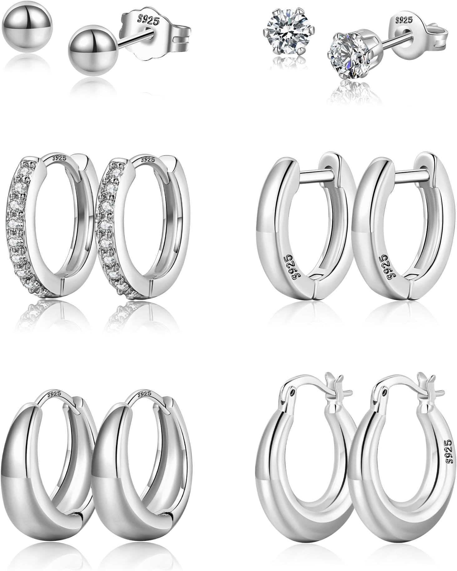 KENIYEarrings 925.6 Pairs of Hoop Earrings Silver 925 and Stud Earrings Set for Women Hypoallergenic Cartilage Huggie Hoop Earrings Silver Small and Ball Zirconia Stud Earrings Silver for Multiple Ear