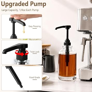 YBCPACK 3-Pack Round Glass Coffee Syrup Dispenser, 16.9 oz/500ml with Pump