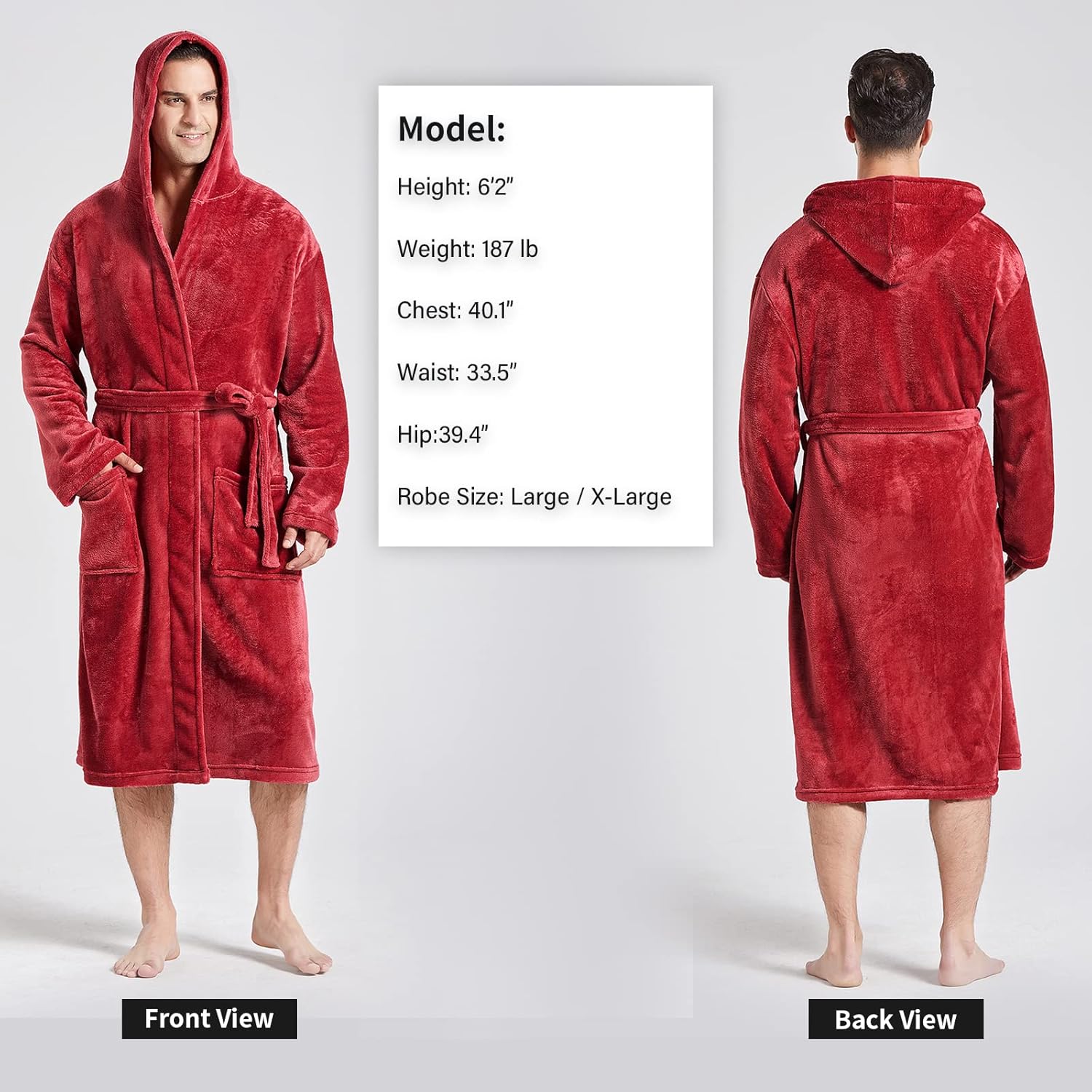 FashGudim Mens Hooded Robe Plush Shawl Collar Kimono Bathrobe Soft Warm Flannel Fleece Spa Robes House Coat Pajamas - Image 2